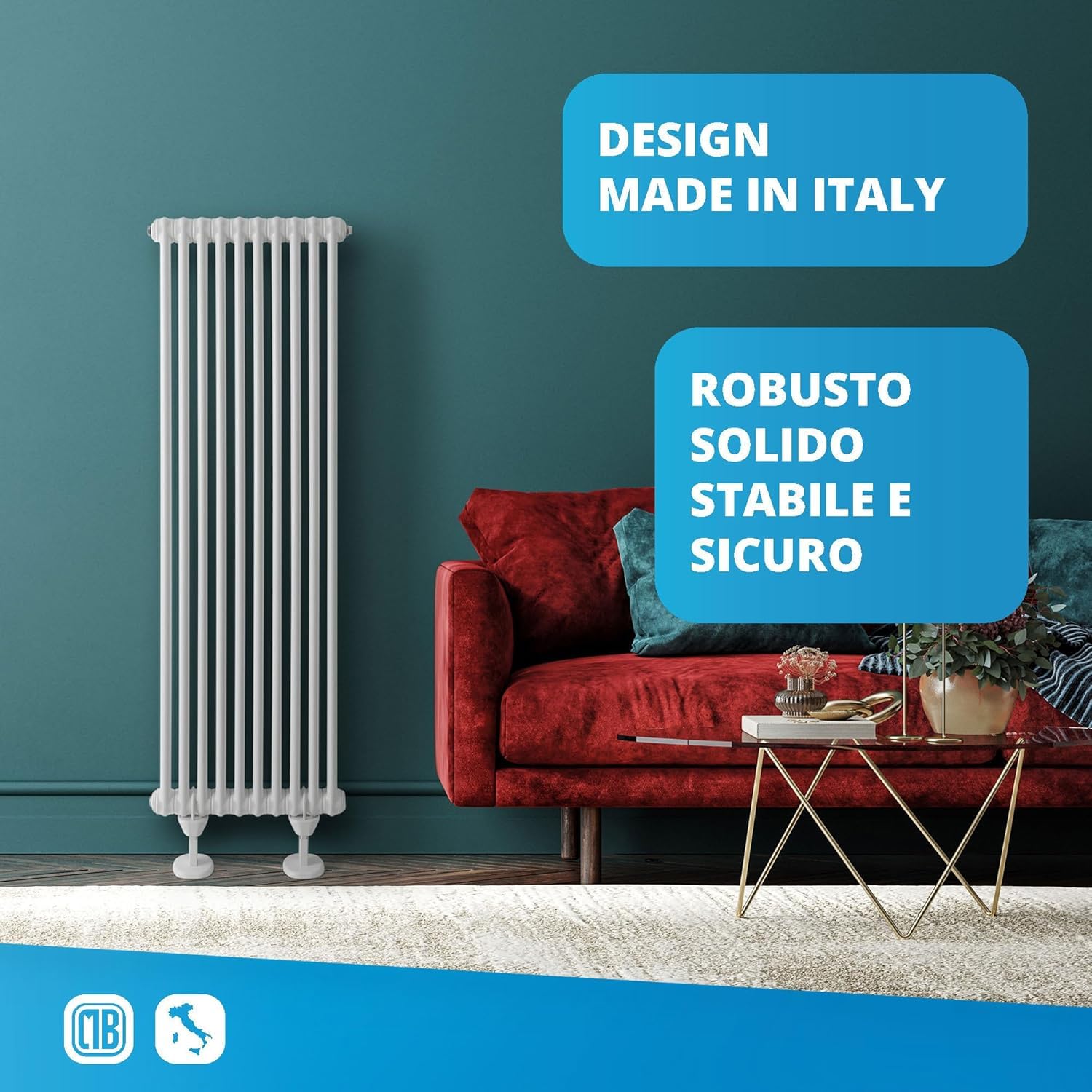 Supporto a pavimento per termosifoni tubolari aventi collettore con diametro da 45 mm a 60 mm con portata fino a 200kg. Sistema Anti Sgancio avanzato per massima sicurezza.