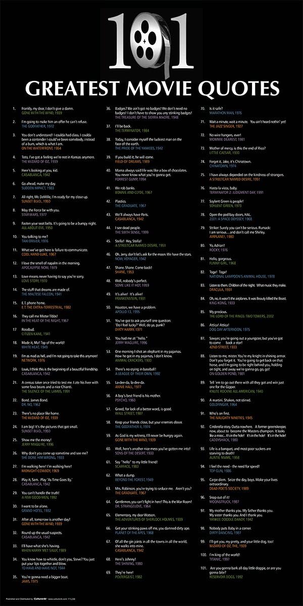 Culturenik 101 Greatest Movie Quotes Classic Film Lines Decorative Print (Unframed 12x24 Poster)