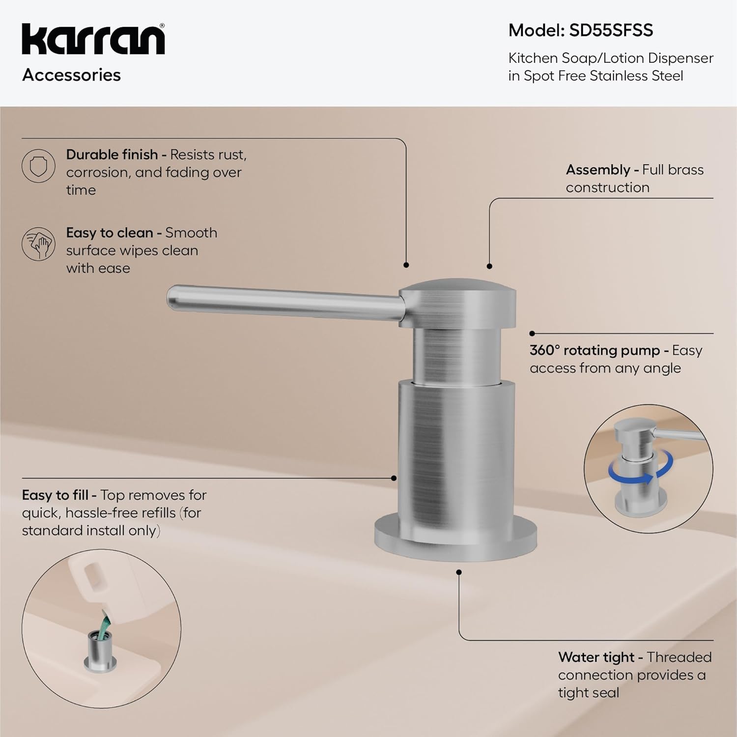 Karran SD55 Kitchen Soap Dispenser – Premium Lead-Free Brass, Dual Refill Options, 47" Undermount Tube for Large Bottles,Self-Priming Pump, Commercial-Grade Durability Spot Free Stainless Steel