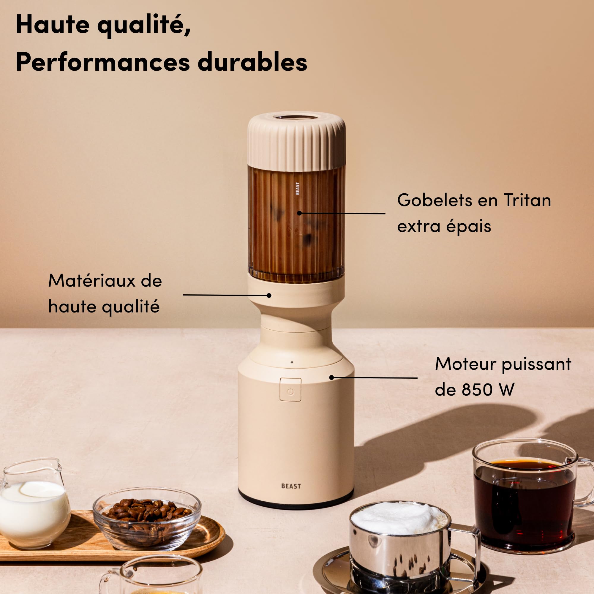 BEAST Blender smoothie 850W - Mixeur haute performance avec 3 bouteilles portables en Tritan - 785 ml - Couvercles et lames en acier inoxydable - Smoothie maker pour milkshakes, sauces et plus - Sable