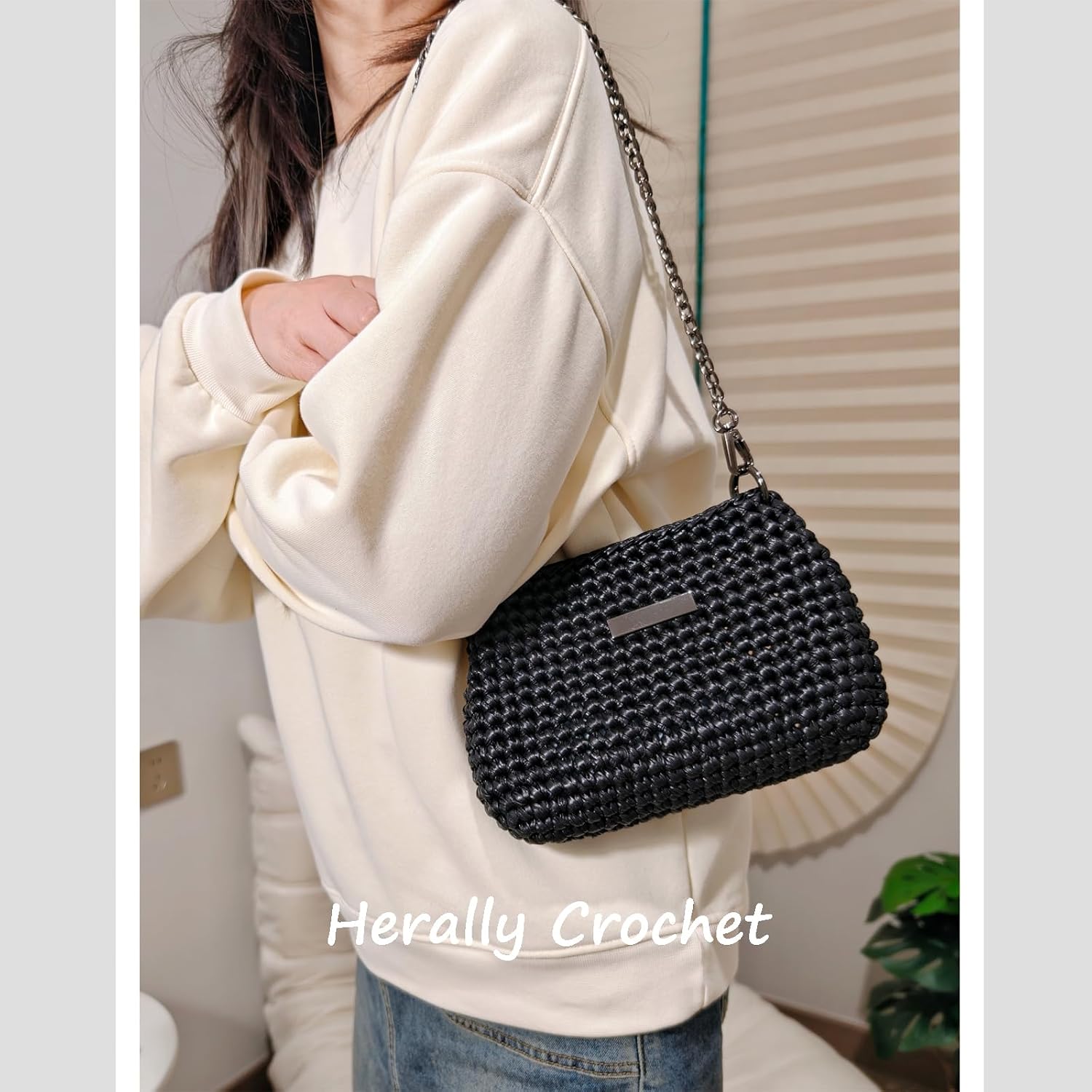 Herally Crochet Kit DIY Bag for Beginners - Include Yarn, Hook and Accessory - with Step by Step Video Tutorials - Crochet Pochette Black