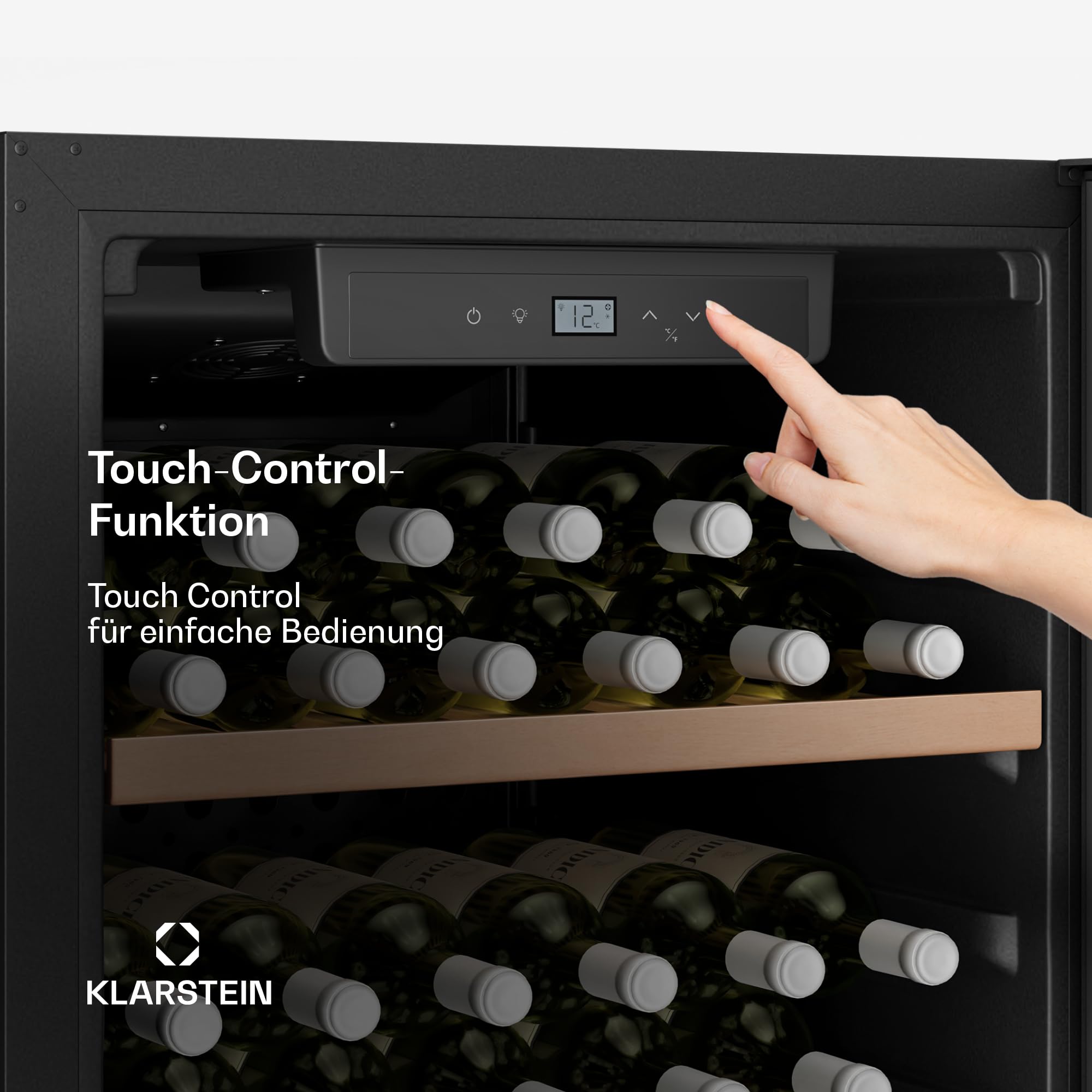 Klarstein CellarMax Weinkühlschrank Freistehend - 114 Flaschen, 5-20 °C, Touch-Bedienung, Metalltür, Alarm, 1 Zone, Holzregale, Energieklasse E