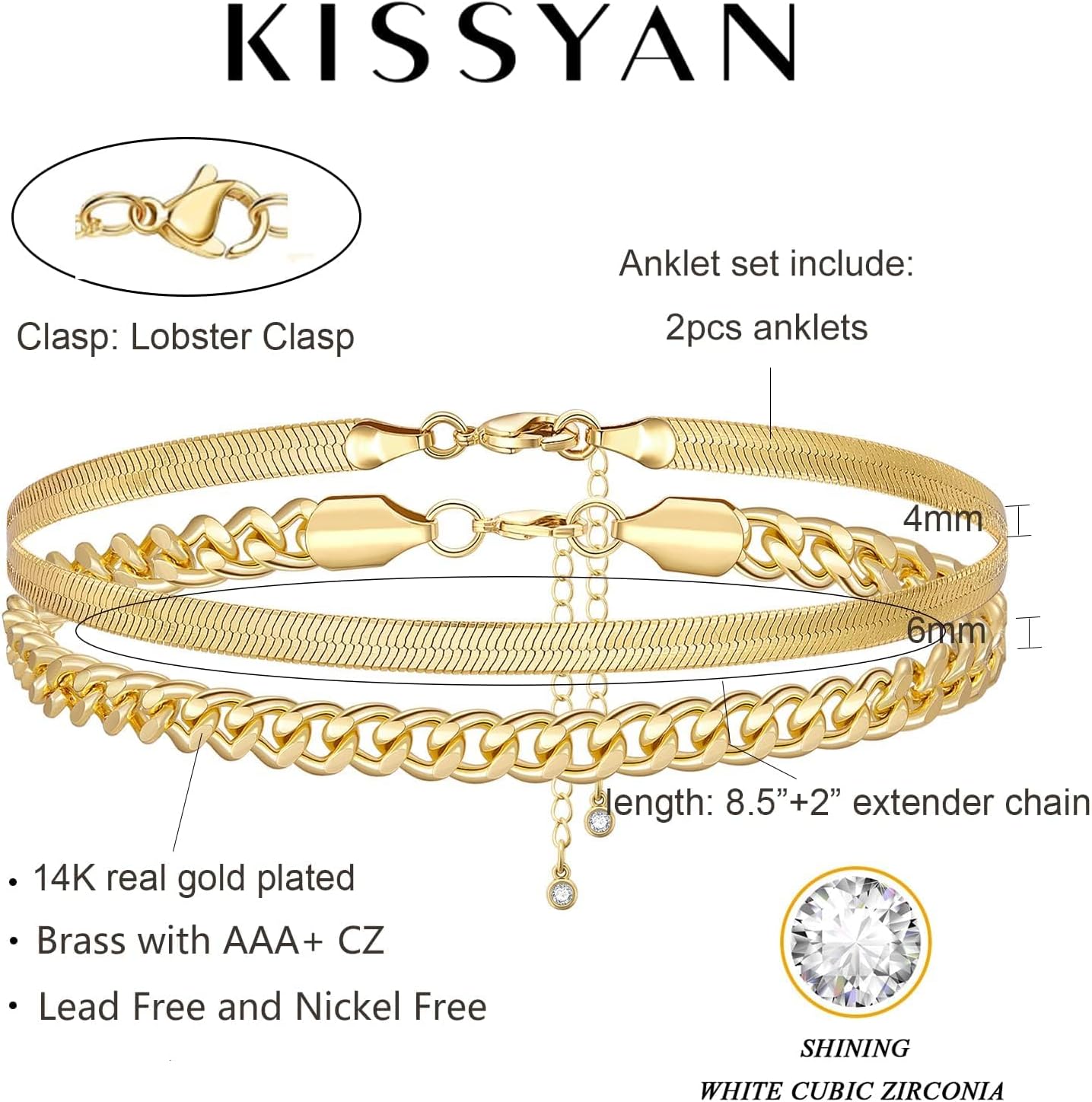 KissYan Gold Layered Ankle Bracelets for Women, Dainty 14k Gold Plated Layering Anklets Set Adjustable Fashion Cuban Link Snake Tennis Chain Ankles Summer Beach Foot Jewelry - Image 5