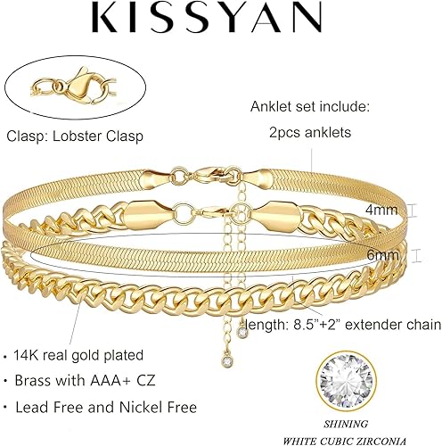 Miniatura 5 de KissYan - Pulseras de tobillo para mujer, joyas elegantes estilo cubano, doble capa, chapadas en oro de 14 quilates, cadena ajustable, estilo clip y