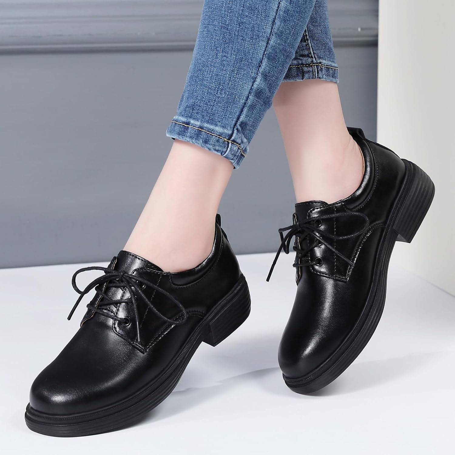 OKJ Oxford Shoes for Women Black Tie Women's Oxfords Shiny Leather Comfortable Slip on Lace up Ladies Loafers Business Casual Dress Work Office Shoes - Image 3