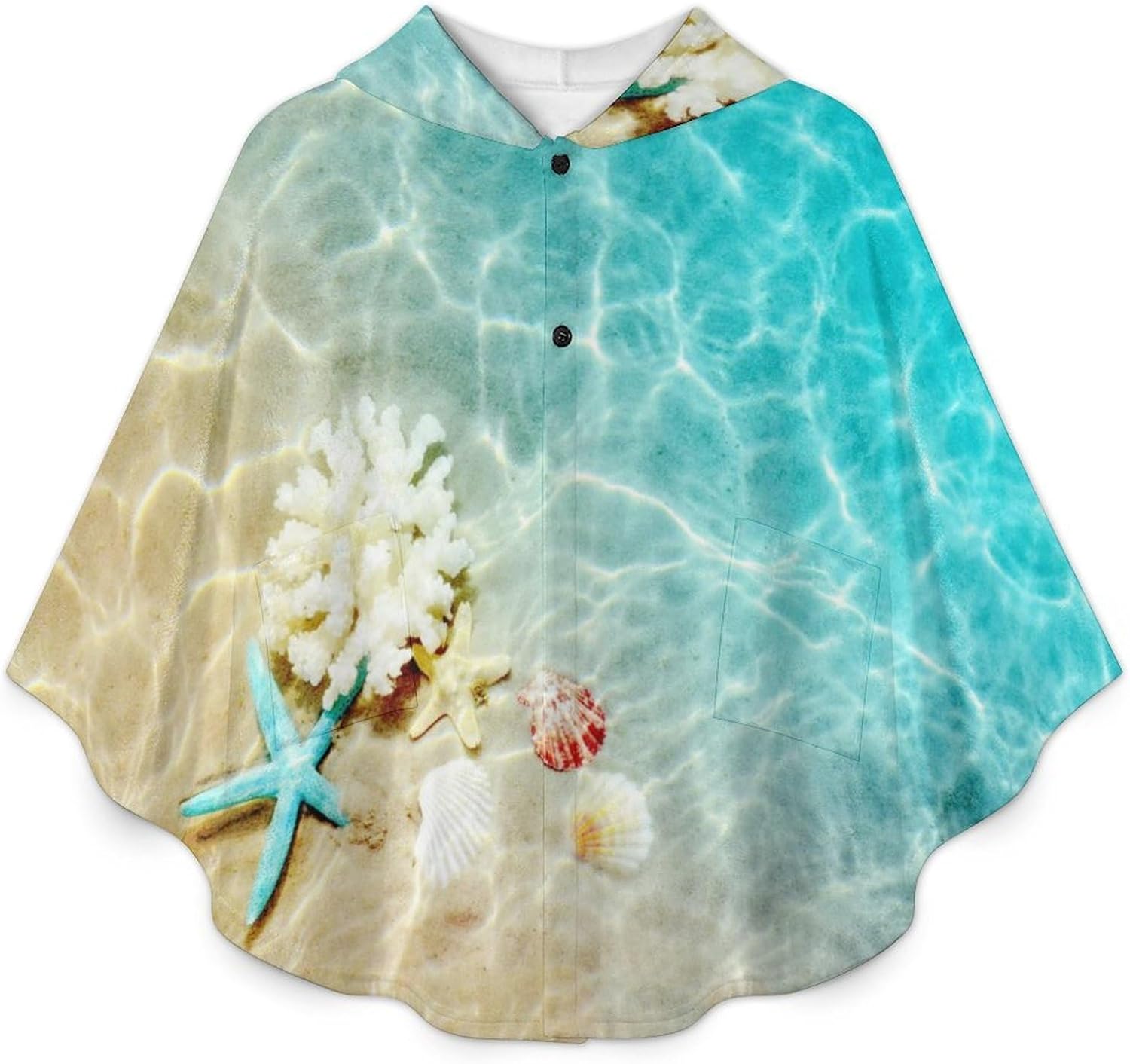Starfish Coral And Seashell on Beach Wearable Blanket with Hooded Flannel Blankets Cape with Pocket