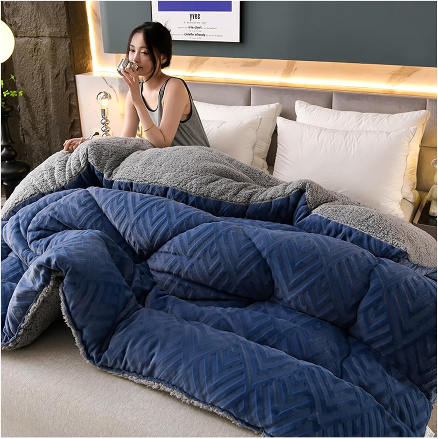 Reversible Cashmere Duvet, Warm Winter Dredon, Thick and Warm Double-Sided Fleece Duvet, Person/Double Core Duvet (Blue, 150 x 200 cm/2.5 kg)