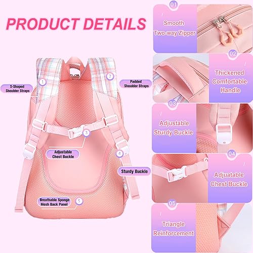 Miniatura 4 de Juego de 6 mochilas kawaii, mochila púrpura a cuadros para laptop, resistente al agua, ligera, mochila escolar de gran capacidad, mochila de doble