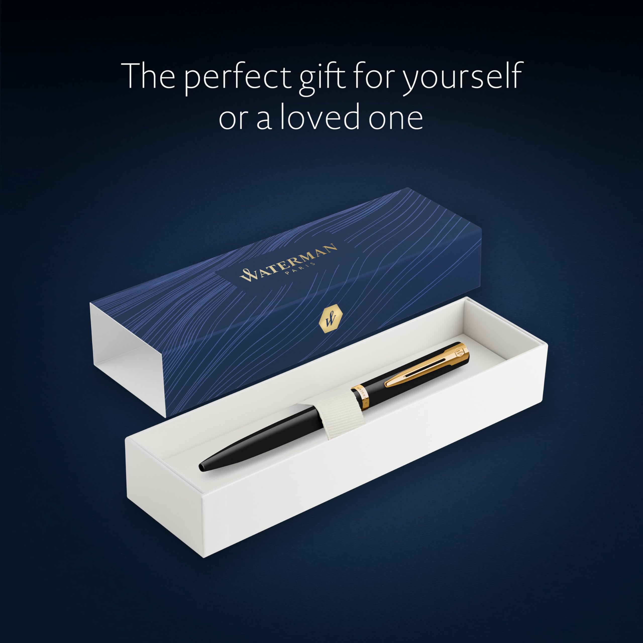 Waterman Impression Bolígrafo | Punta media con recarga de tinta azul | Laca negra con adornos chapados en oro | Caja de regalo