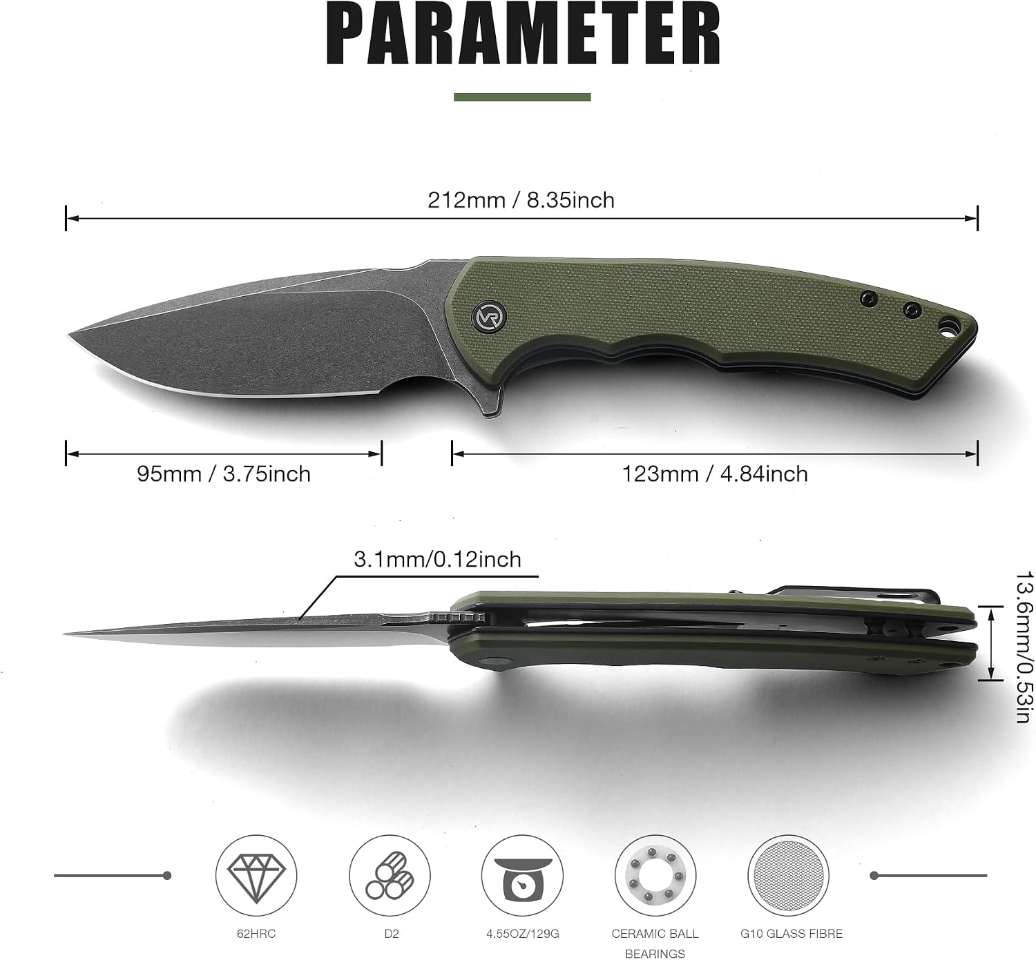 VIRENKNIFE Pocket Knife,3.75" D2 Steel Blade Folding Knife with G10 Handle，Pocket Clip ，EDC Knife for Camping Hiking ，Gift for Men and Women（Green）