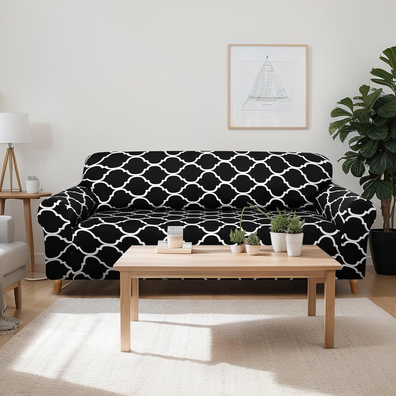 Peryiter 2 Pcs Couch Cover Set for Living Room Furniture Covers for Couch and Sofas Loveseat Arm Chair Slipcover, Furniture Protector, Stretch, Wrinkle Free (Black)