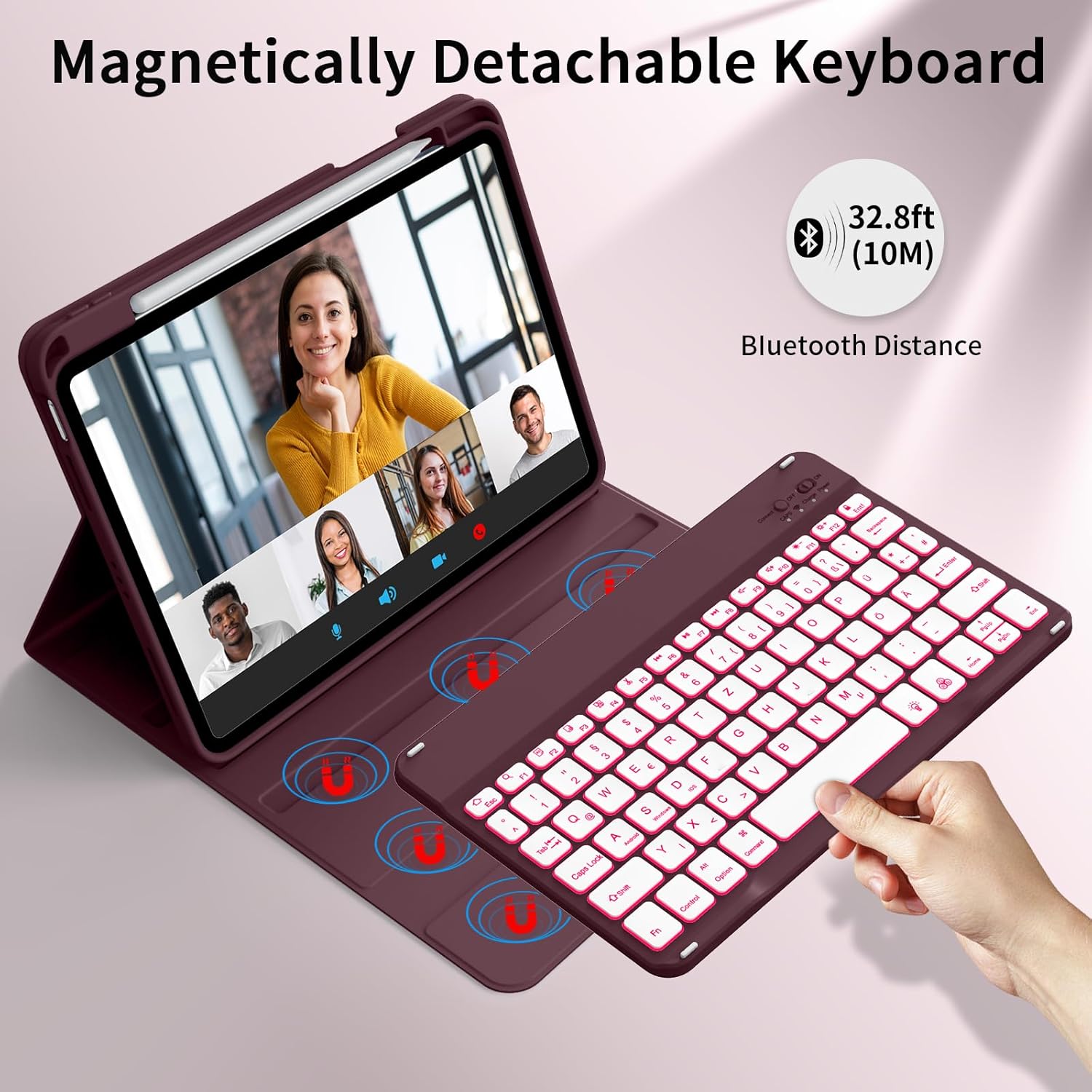 kenke for iPad 11/10th Gen Case with Keyboard 11/10.9 inch 2025 A16/2022, Detachable Wireless Bluetooth Keyboard Case with Right Side Pencil Holder, Backlit White Square Keycaps (Cherry) - Image 5