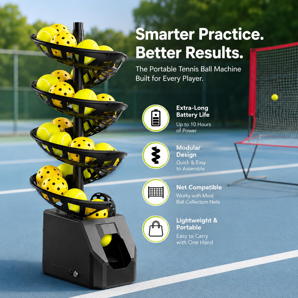 Lanciatore di palline da tennis con telecomando e batteria ricaricabile 10H