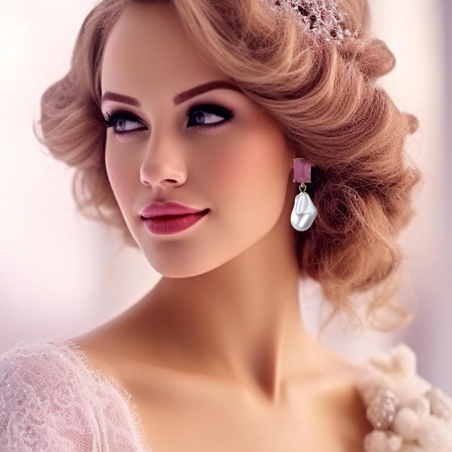 Fashion Pearl Drop Earrings for Women With Crystal - Rhinestone Statement Earrings with Pearl Dangling Studs - Large White Baroque Pearl Earrings for Bridesmaid Wedding Party Birthday Holiday - Image 2