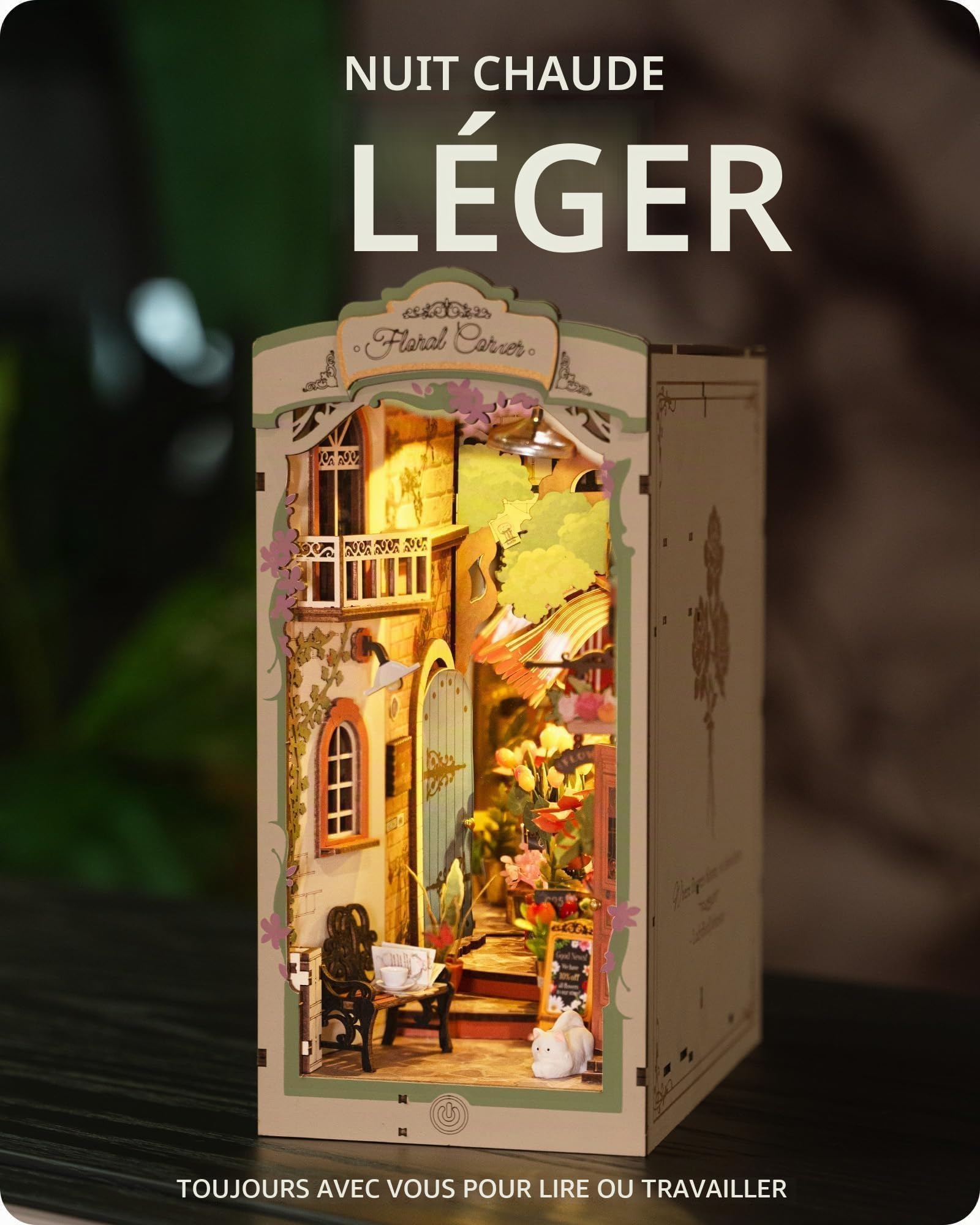 ROWOOD Book Nook Kit Coin Fleuri, DIY Booknook pour Adultes, Maquette en Bois A Construire avec Lumière LED Et Panneau Anti-poussière, Décoration D'intérieur Et Cadeaux Créatifs pour Noël
