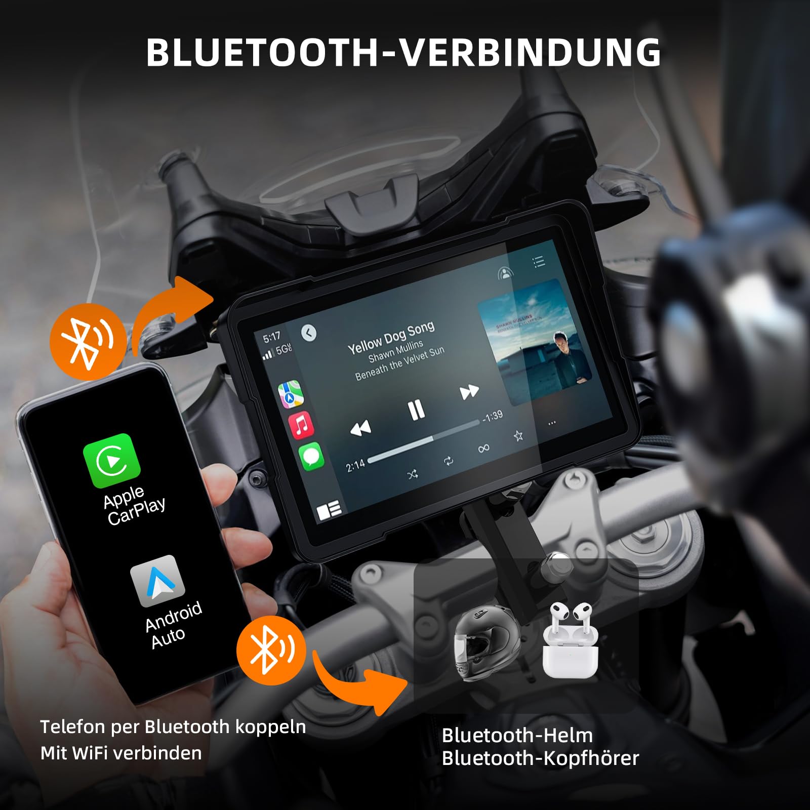 7 Zoll Motorrad Display mit Wireless CarPlay & Android Auto, 1000 Nits Helles Motorrad Navi Touchscreen, IP67 Wasserdicht, Dual-Stromversorgung (Acc/USB), Sprachsteuerung für Navigation & Musik