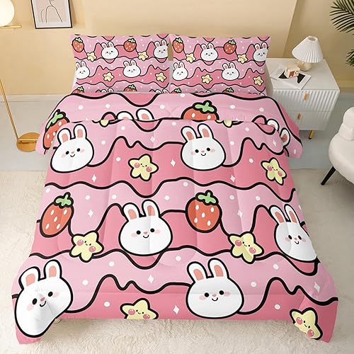 Miniatura 2 de QOOMO Edredón Kawaii de conejo, juego de edredón de conejo fresa para niños y niñas, juego de ropa de cama de 3 piezas impreso con 2 fundas de