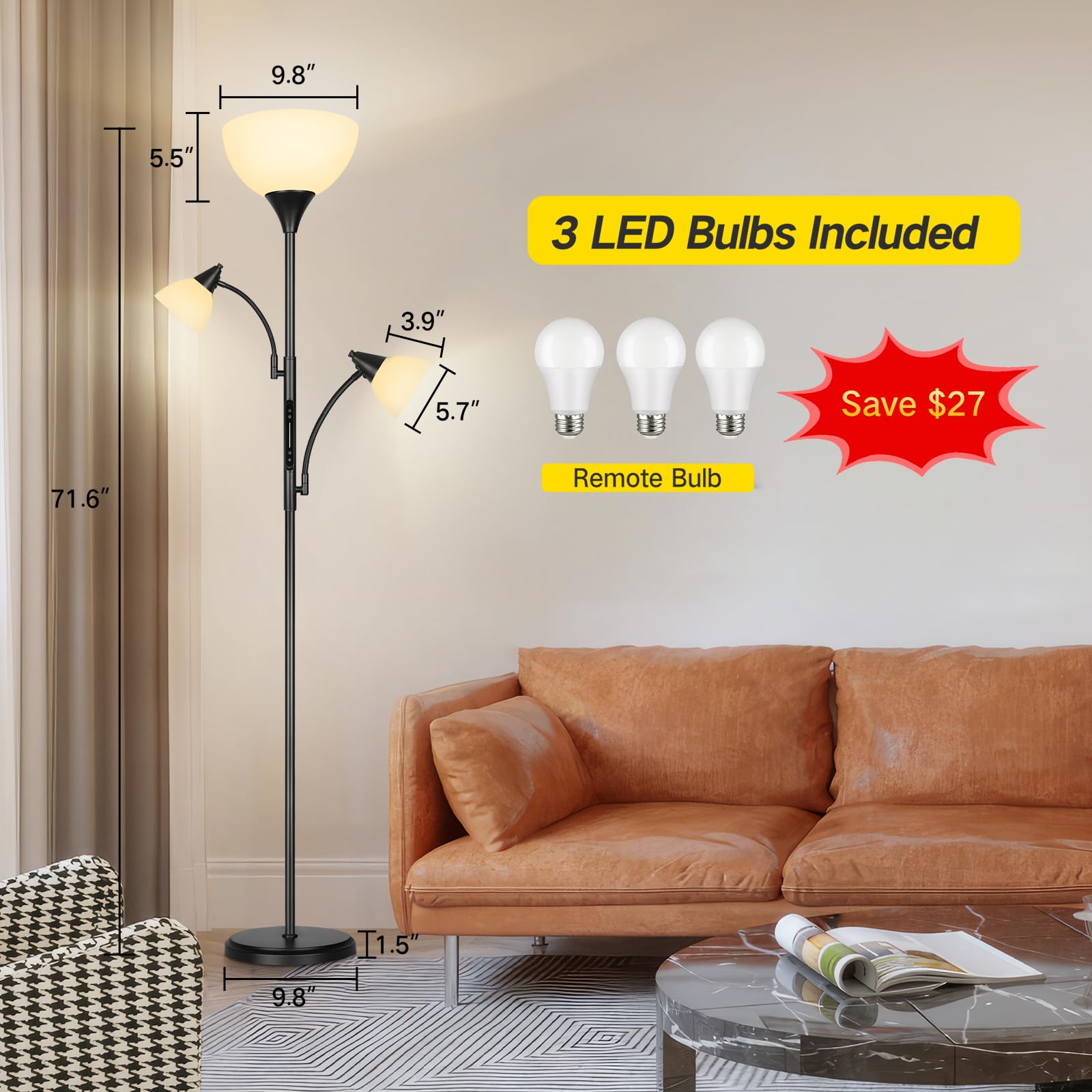 Moderne Vloerlamp - 25/25/175 cm - Zwart - Metalen Staande Lamp - Met leeslamp - Geïntegreerde LED 42W 3636Lm - Dimbaar - Voor Kantoor en Slaapkamer