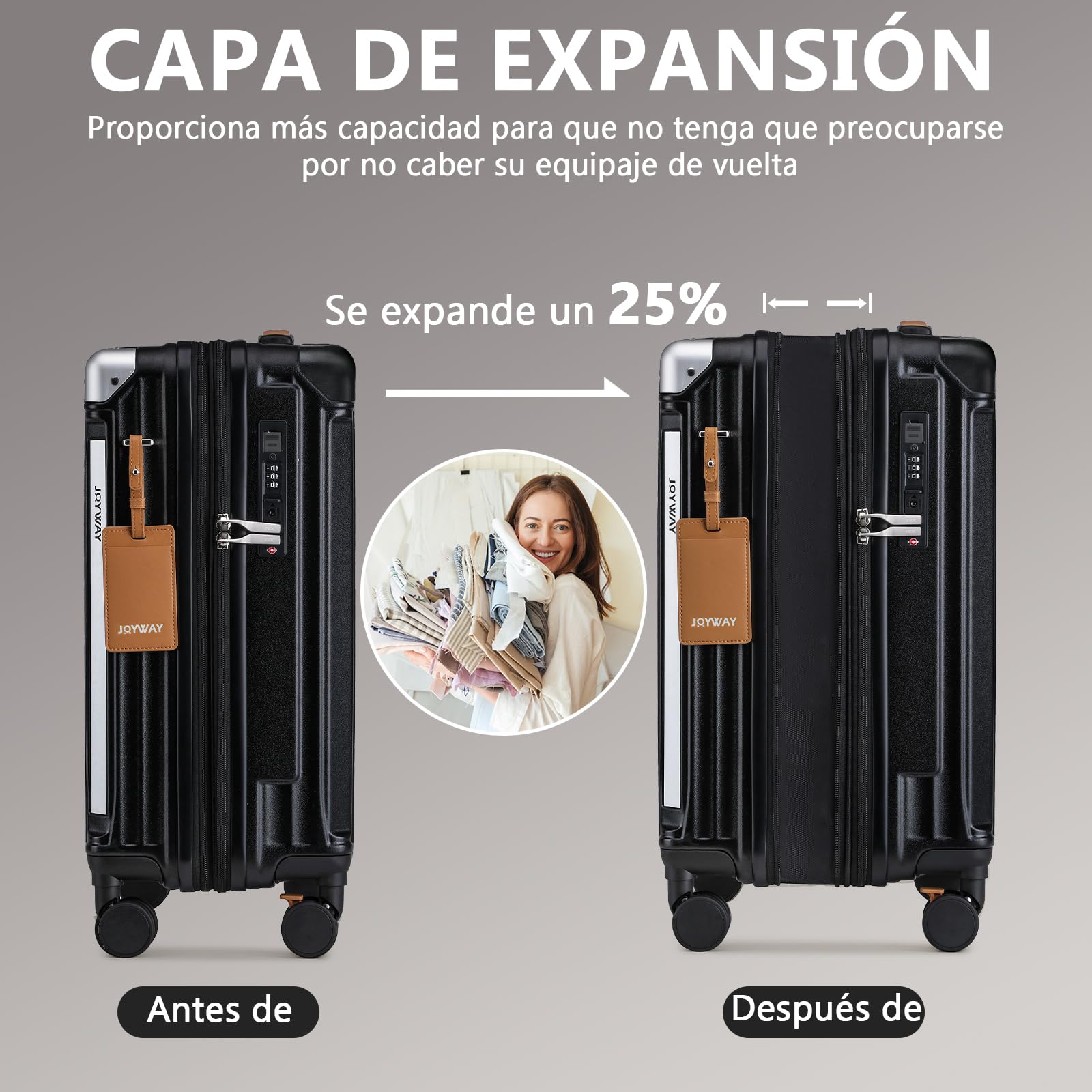 Joyway Maleta Cabina 20" ABS, Expandible 25% Ruedas 360° y Portavasos Negro | Asa telescópica 3 niveles, cremalleras YKK, TSA, compartimentos internos organizados y estructura antiarañazos