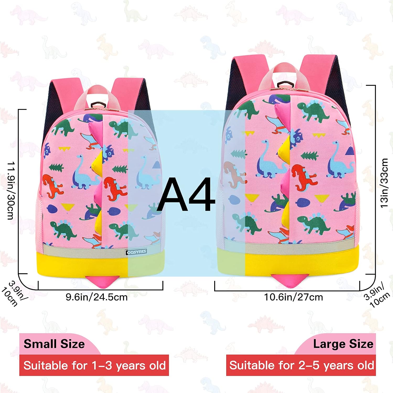Cosyres Kids Dinosaur Backpack with Reins Nursery Rucksack Girls School Bags (Pink(size:L)), Pink (Size: L, Age: 2-5 Years) - Image 3