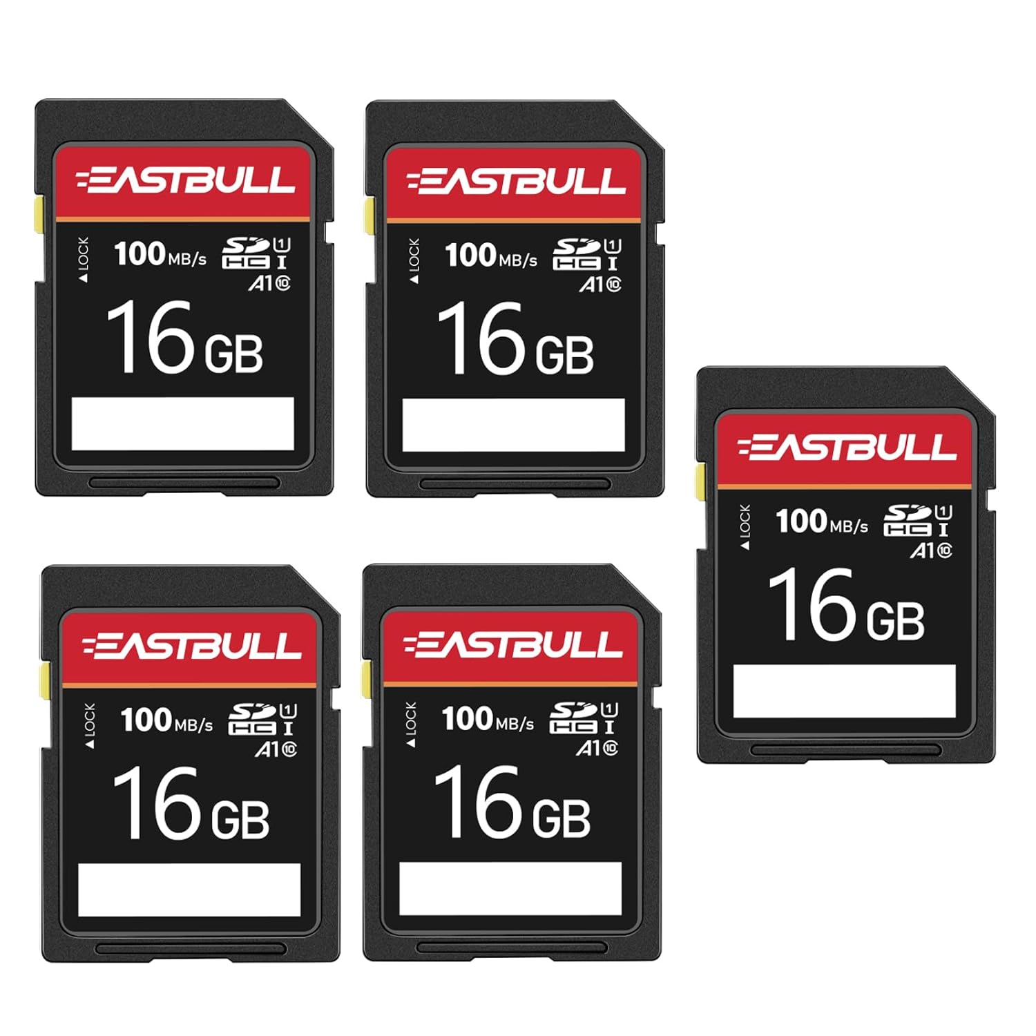 5-Pack of SD Card 16GB EASTBULL Class 10 SD Card U1 V30 High-Speed 100MB/s Read SDHC Memory Card 5-Pack for Camera, Full HD Video, with 5 Mini Cases (16 GB, 5 Pack)