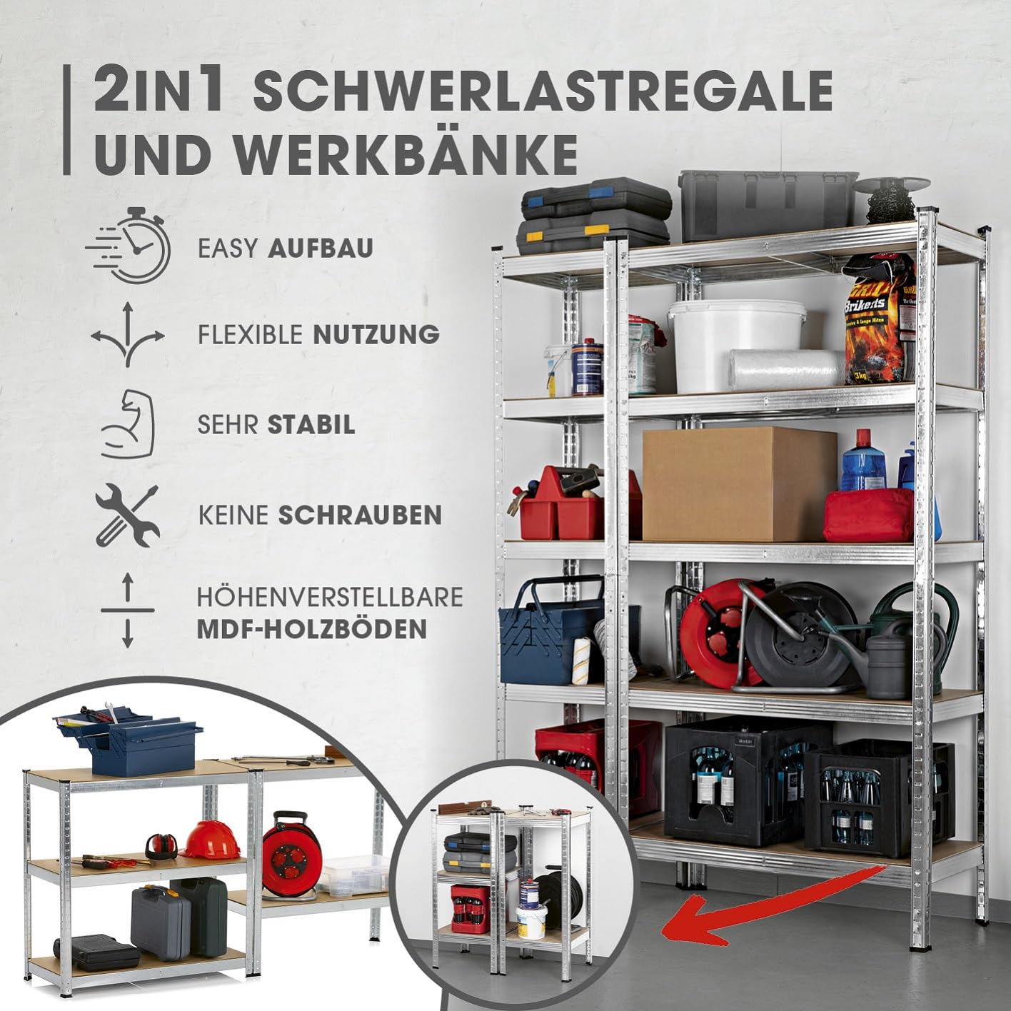 EASYmaxx Schwerlastregal 2er-Set | 875 kg Traglast, 175 kg pro Ebene | Regal und Werkbank | Kellerregal, Lagerregal mit 5 verstellbaren Ablagen | Für Keller, Garage, Hobbyraum, Werkstatt