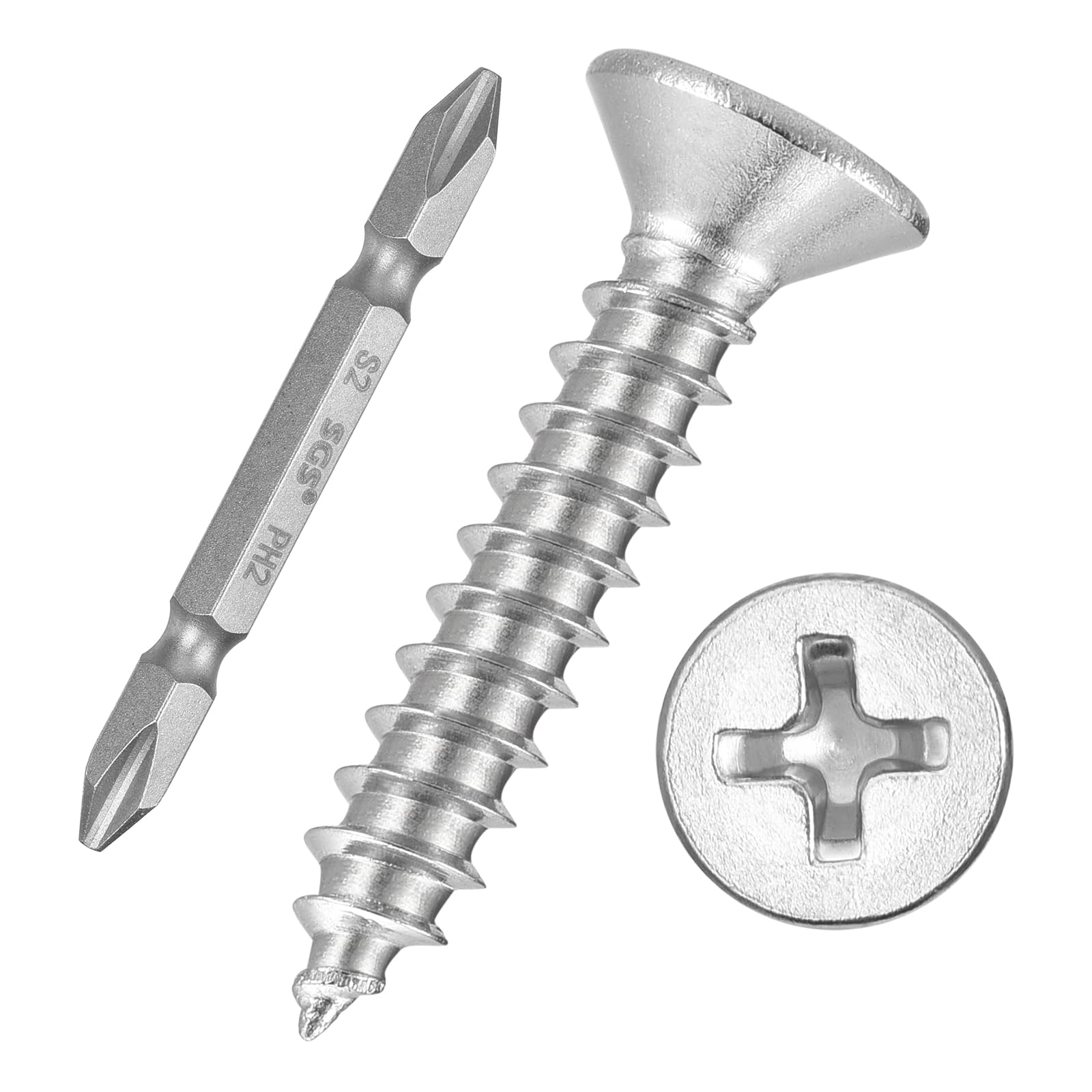 Kozelo 101pcs Phillips Flat Head Wood Screws with Screwdriver Bits - [#6x3/4"] 304 Stainless Steel Countersunk Self-Tapping Screws for Furniture Assembly, Outdoor Construction, Silver