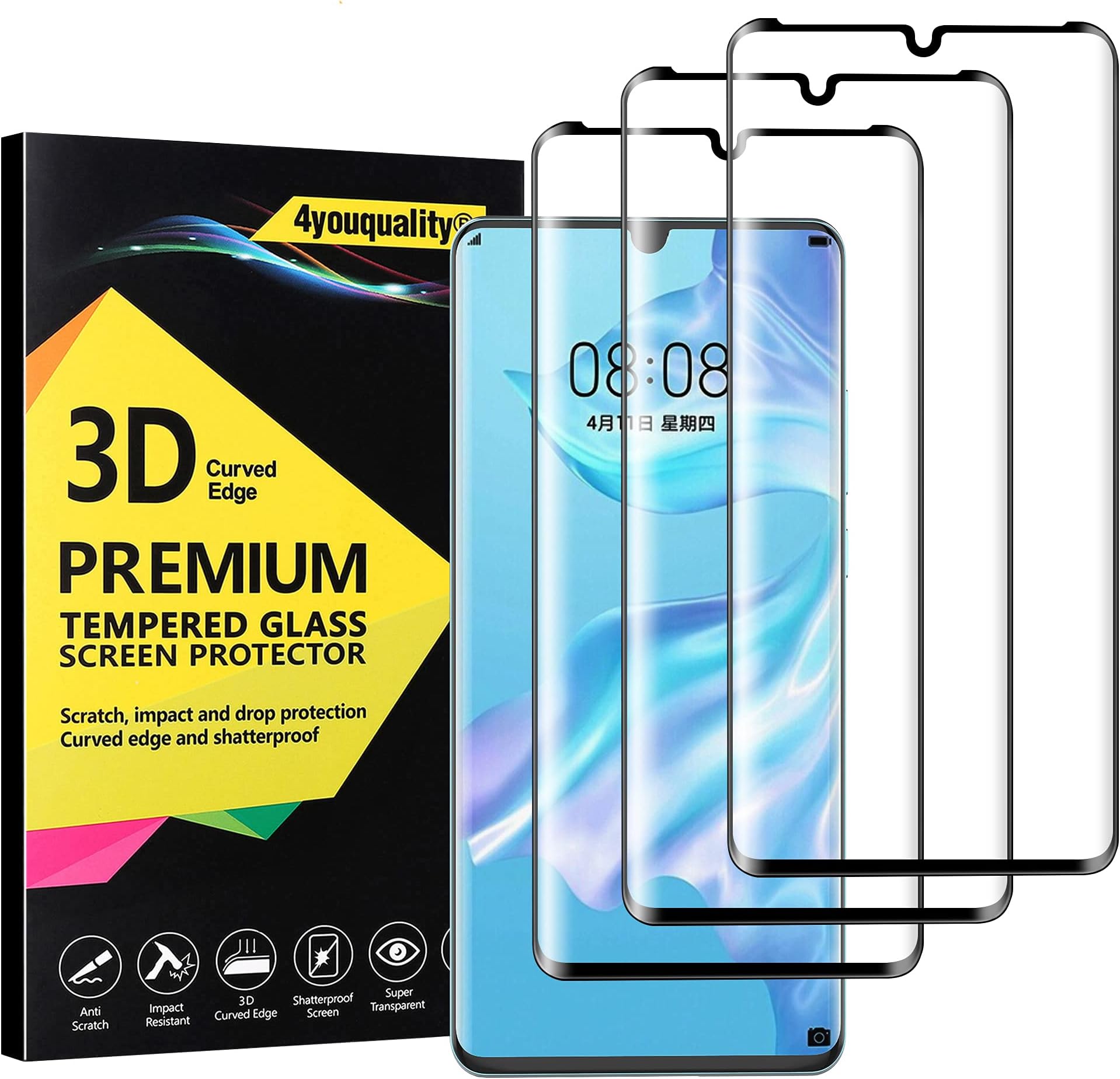 4youquality [3-Pack[Full Coverage] Screen Protector for Huawei P30 Pro, Tempered Glass Film [Full-Coverage][LifetimeSupport][Anti-Scratch][Anti-Shatter]