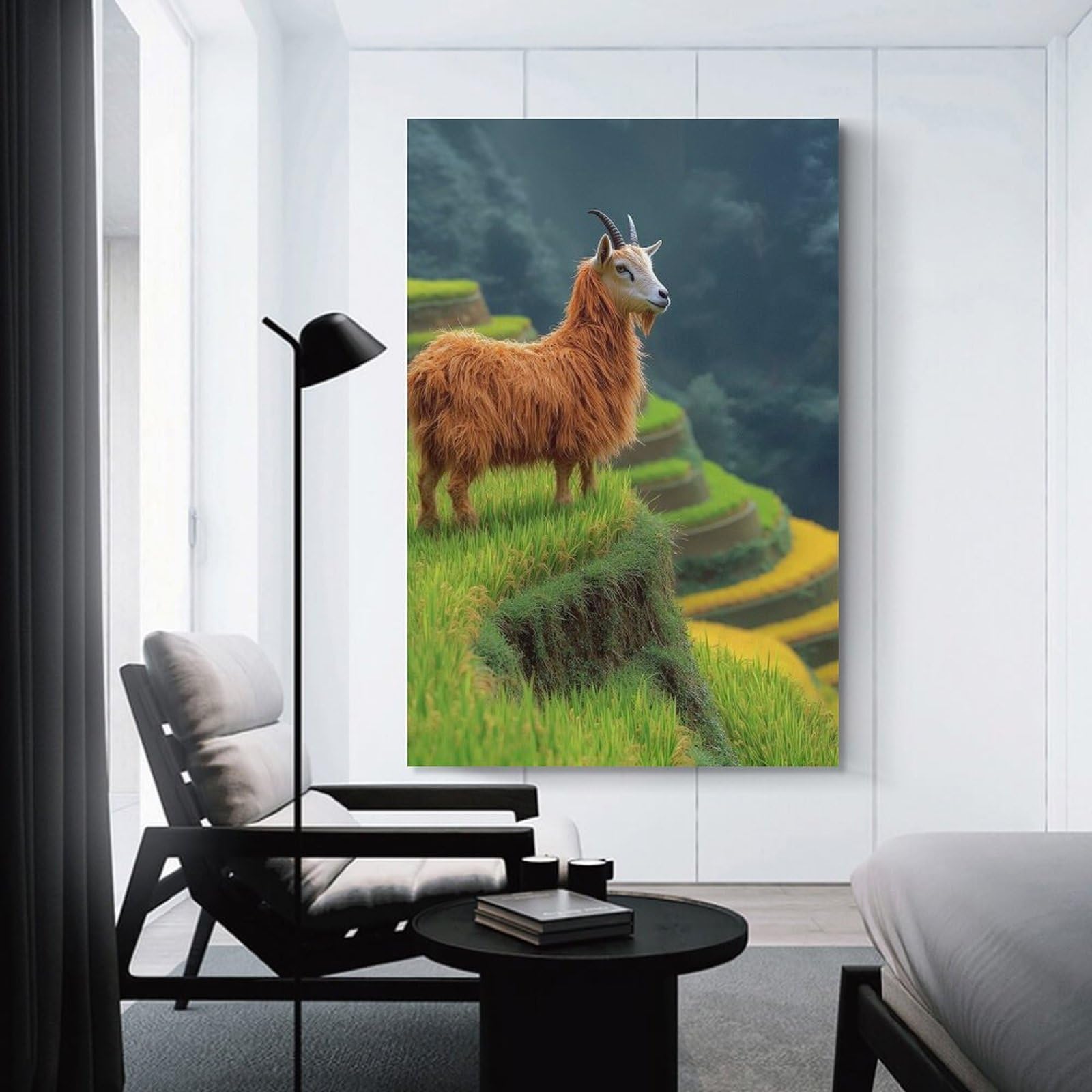 Junmoney Unframe-Style-9 Goat On Rice Terraces Wall Picture Print, 24X36inch(60X90cm), For New Homes, Bedrooms Or Workspaces, Thoughtful Wall Decor For Art Lovers