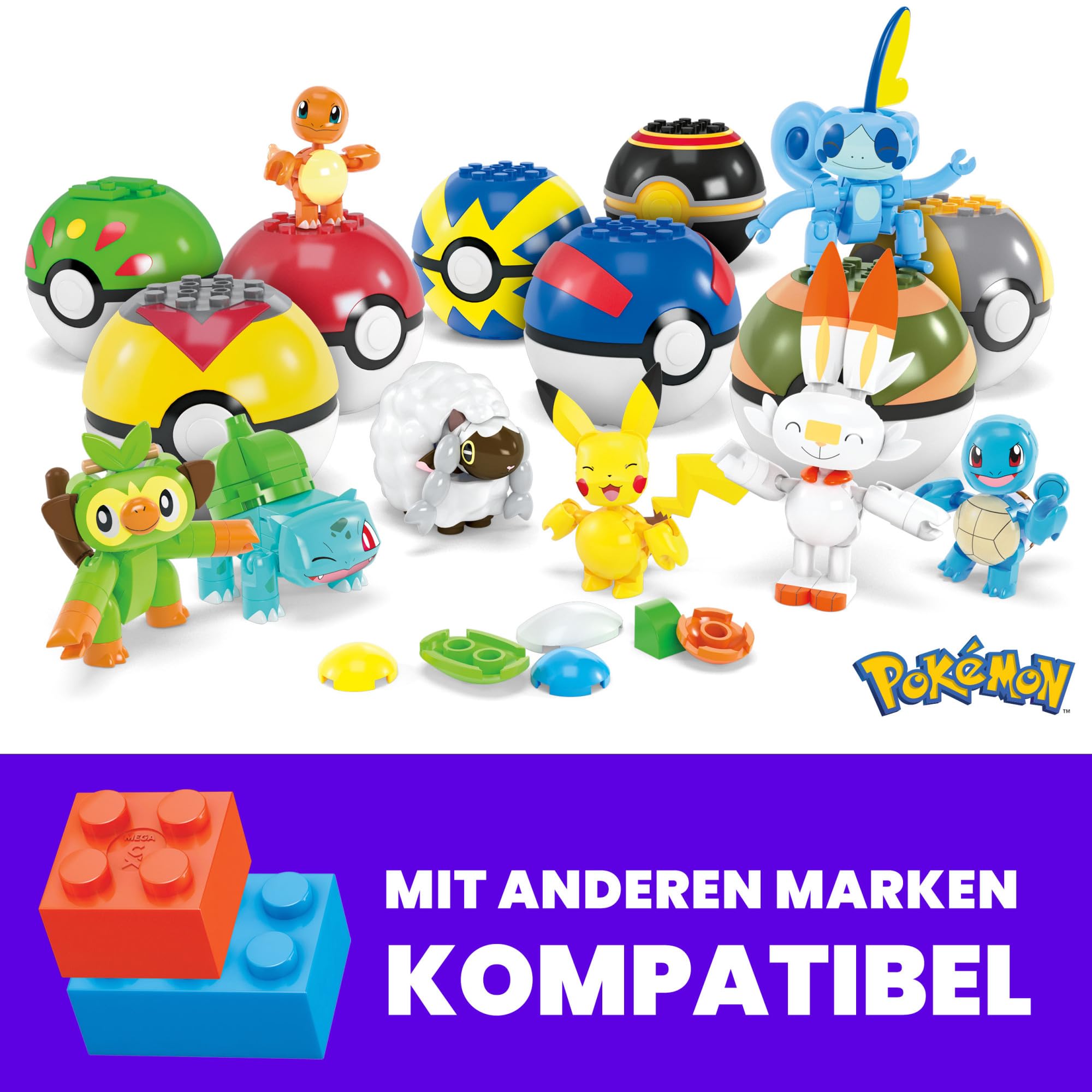 MEGA Pokémon Trainerteam - Pikachu, Bisasam, Glumanda, Schiggy, Hopplo, Chimpep, Memmeon und Wolly und 8 Pokébällen zum Ausstellen, für Kinder ab 6 Jahren, HTJ75