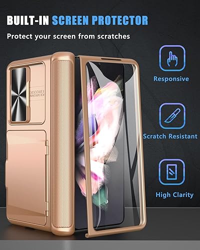 Vista 25 de Vihibii Funda para Samsung Galaxy Z Fold 3 5G con protacción de bisagra, soporte para tarjeta integrado, cubierta de cámara deslizante y protector
