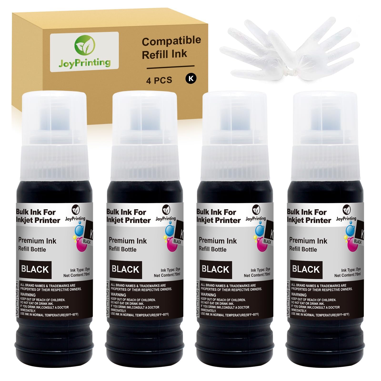 JoyPrinting 70ml Ink Bottles Compatible with ink refill Bottles Multipack for ET-1810 ET-2710 ET‑2711 ET-2712 ET-2714 ET-2820 ET-2821 ET-2825 ET-2826 4700 ET-4800(4Black)