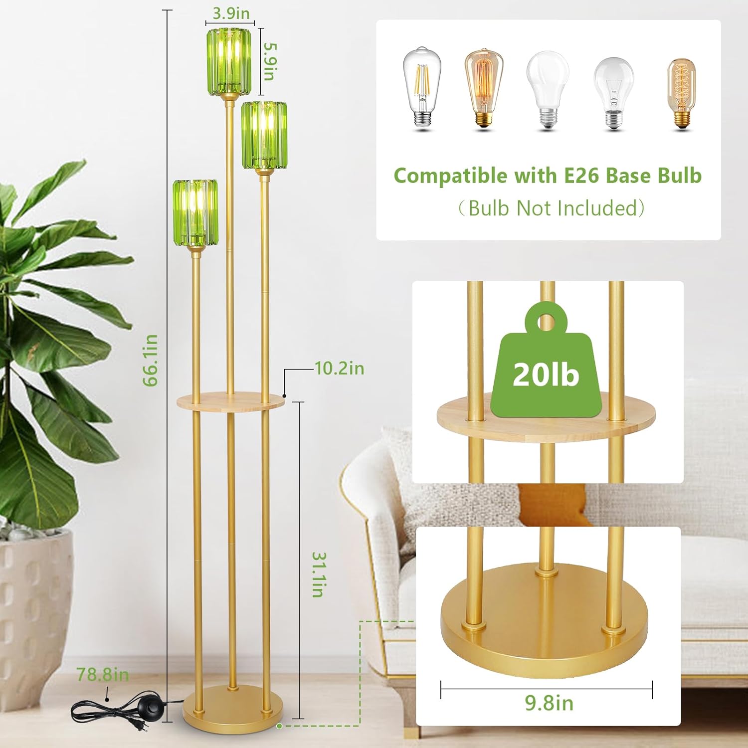 HMVPL Gold Floor Lamp for Living Room, Vintage Floor Lamp with Wood Shelf, Mid Century Standing Lamp with Table, Modern Tall Lamp with Green Crystal Shade, On/Off Switch, Boho Corner Lamp for Bedroom