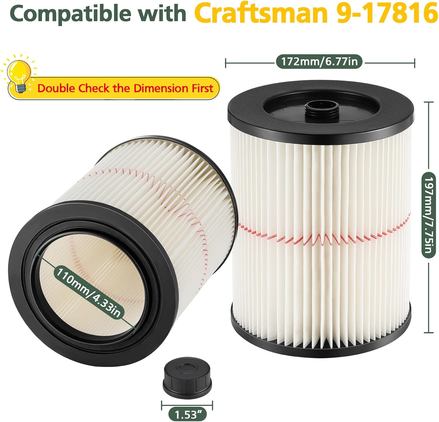 9-17816 Red Stripe Vacuum Cartridge Filter Replacement Compatible with Craftsman Wet/Dry 5/6/8/12/16/32 Gallon and Larger(2 Pack)