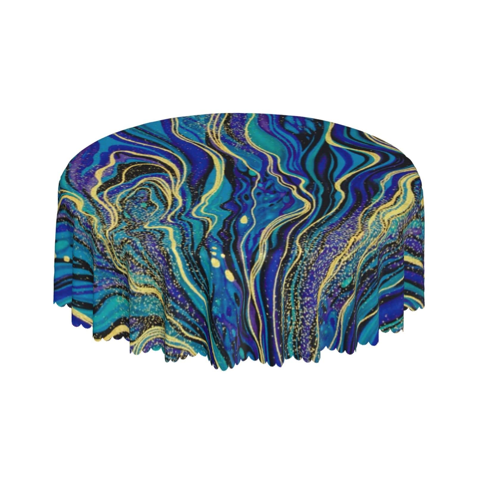 Lsjuee Marble Gold Blue Peacock Round Tablecloth 60 Inch Printed Washable Tablecloth for Dining Party Holiday Fall Home Decorative