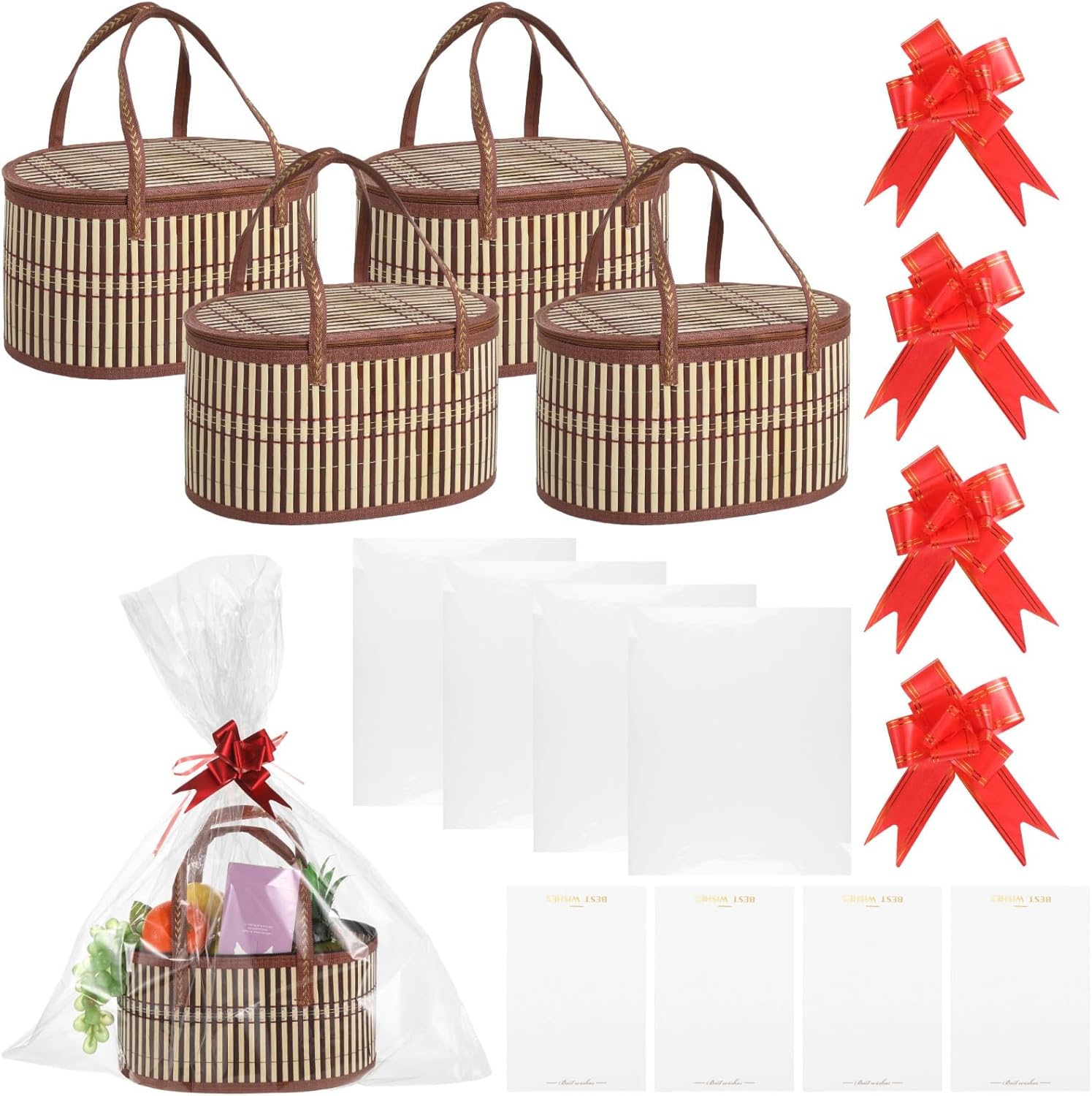 Tressify Four Wood Baskets: Gift Set With Cards And Bows
