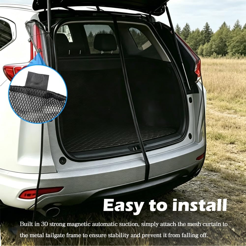Car Tailgate Mesh Screen for SUV Van, Breathable Magnetic Screen for Tail Gate Hatch Camping Gear, 59 x 59 Inch Universal Anti-Bug Net, Rear Shading and Ventilation Cover