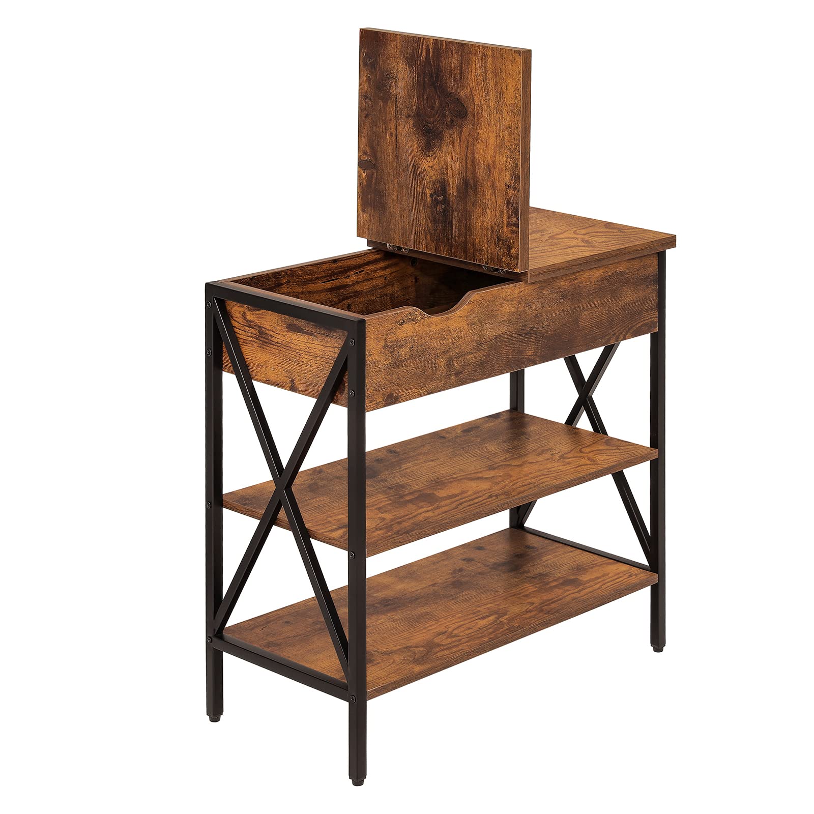 WEENFON Side Table with Storage, 3 Tier End Table for Small Space, Flip Top Narrow Nightstand, Bedside Tables with Shelf, X-Shaped Enhanced Legs, Tall Couch Tables for Living Room, Bedroom