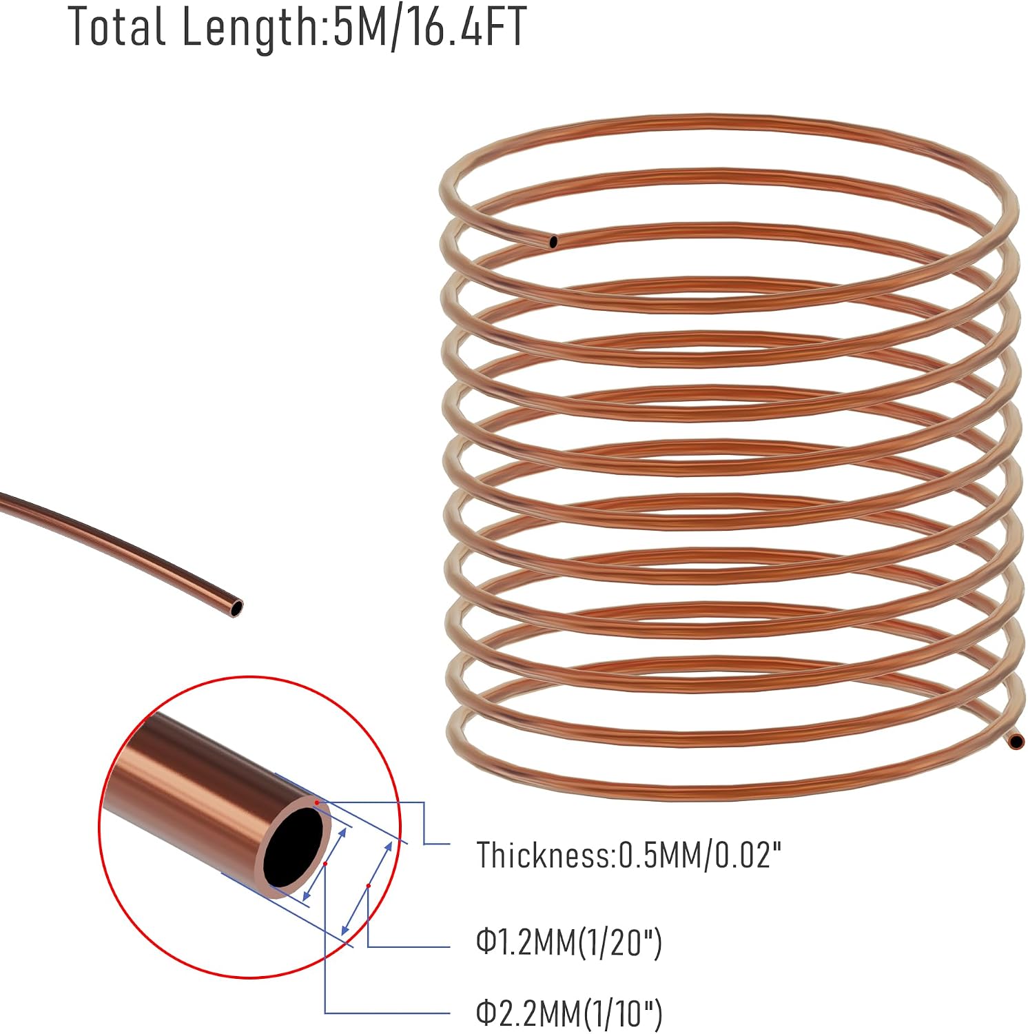 Copper Pipe Soft Coil Copper Tubing 2.2mm OD x0.5mm ID x 5M Length T2 Refrigeration Copper Tubing for Air Conditioners, Refrigerator, DIY Projects 1/20"x1/10"x16.4Ft