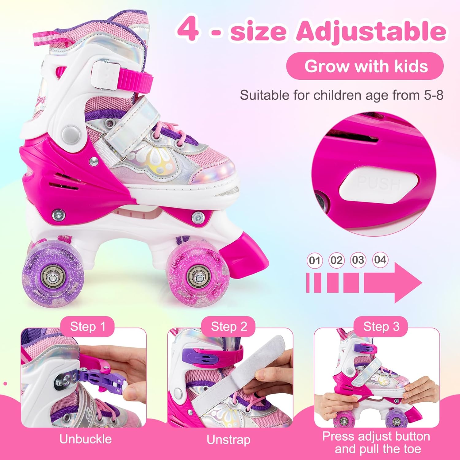 BABY JOY Roller Skates, 4 Sizes Adjustable Quad Skates for Girls Teens Adults 5-8 8-13 13+ with Light-up Wheels & Safety Protection, Fun Illuminating Birthday Gifts for Indoor Outdoor Sports