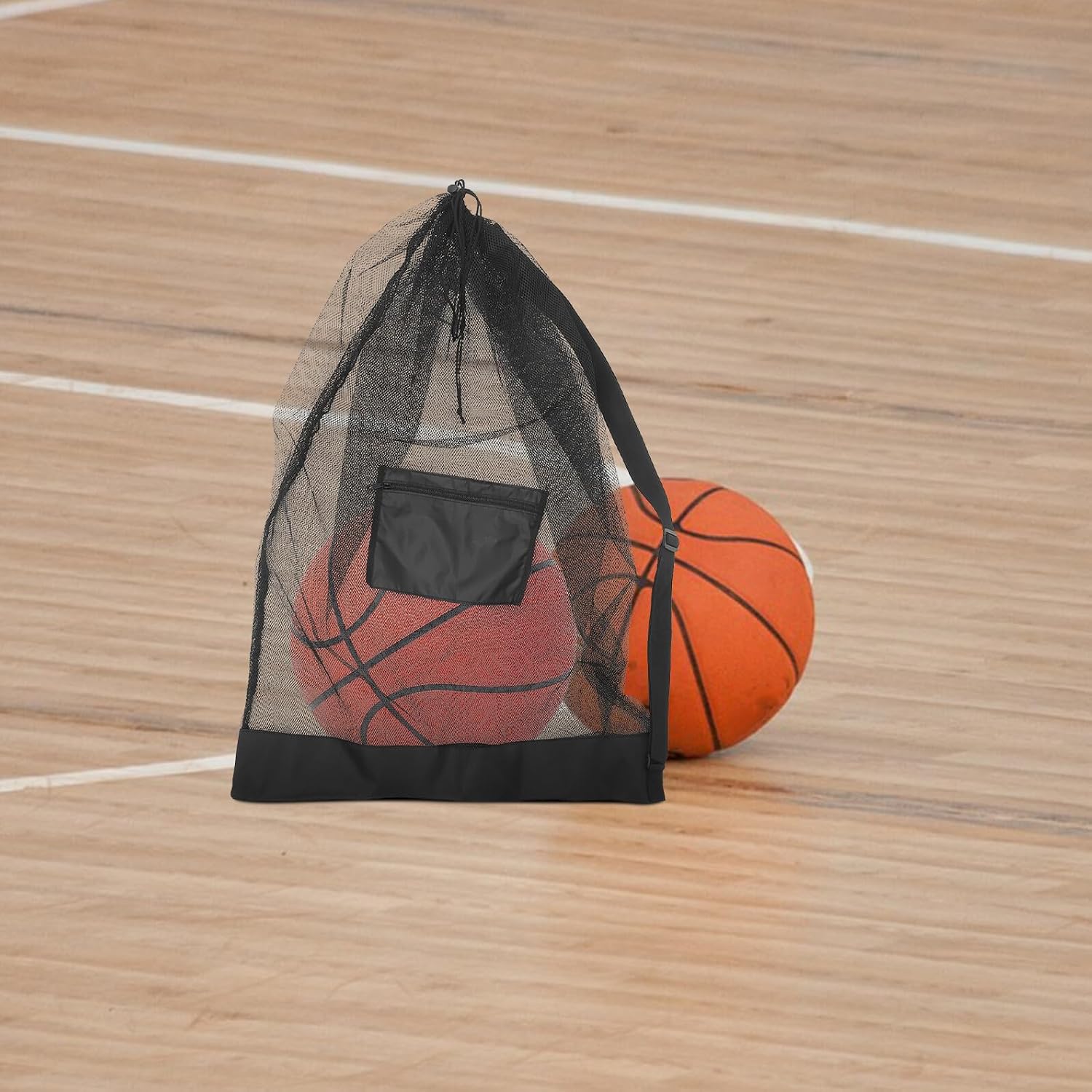 Large Capacity Basketball Mesh Drawstring Bag with Adjustable Shoulder Strap and Insert Pocket, Multi-sport Ball Storage Net for Soccer, Volleyball, and Team Sports Equipment