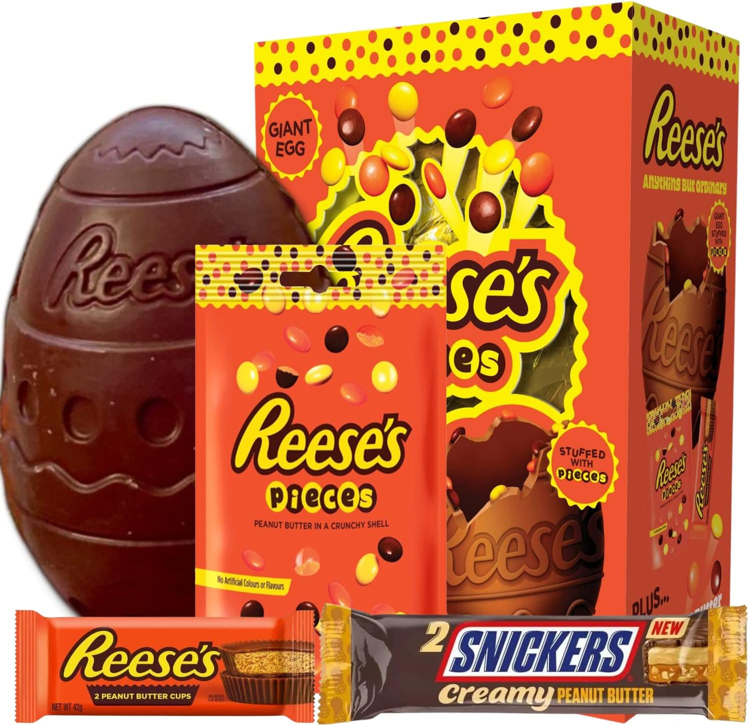 Reeses Easter Egg Gift - Large Reeses Pieces Easter Egg With Reese Bag, Reeses Bar And Snickers Creamy Peanut Butter Chocolate Duo Bar, Reeses Chocolate Peanut Butter Eggs With Snickers (LARGE-368.5G)