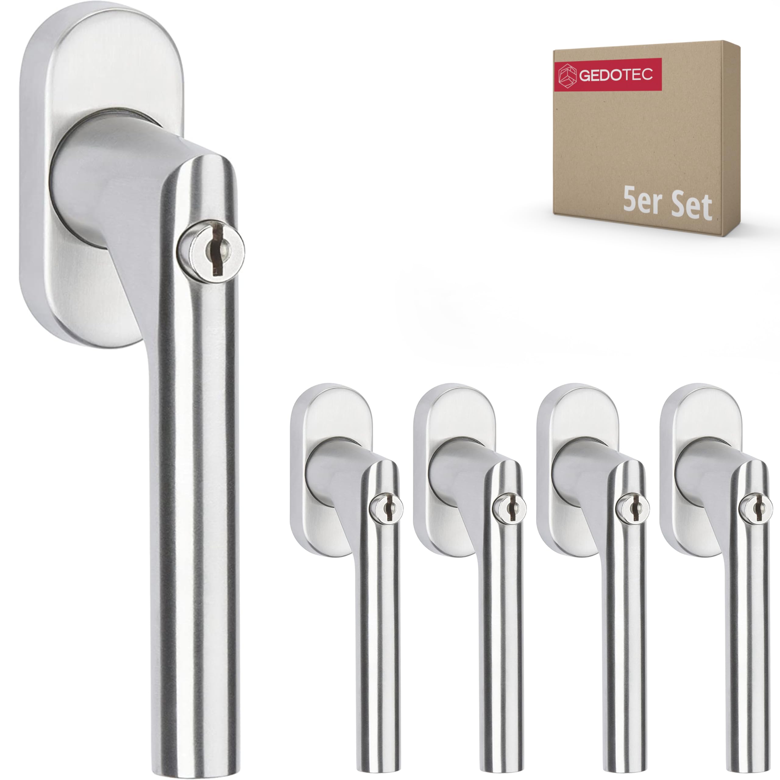 Gedotec Manillas de ventana con cerradura | 5 piezas | Acero inoxidable | Manilla de persiana abatible y giratoria con cerradura y cilindro de cierre | Herrajes de ventana de diseño para puertas de