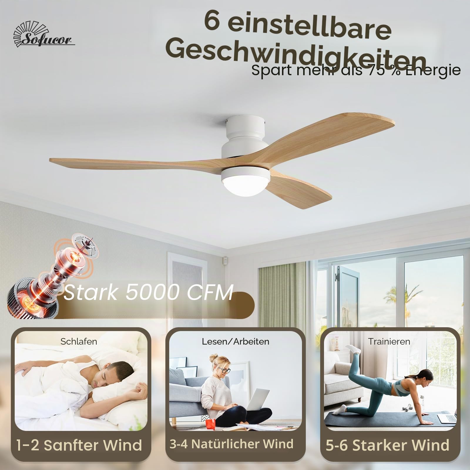 Sofucor Smart Deckenventilator mit Beleuchtung,132cm Massivholz Deckenventilator mit Licht, Alexa/APP, WiFi, Fernbedienung, DC, 3 Farbtemperatur, Timer, 6 Geschwindigkeiten für Schlafzimmer