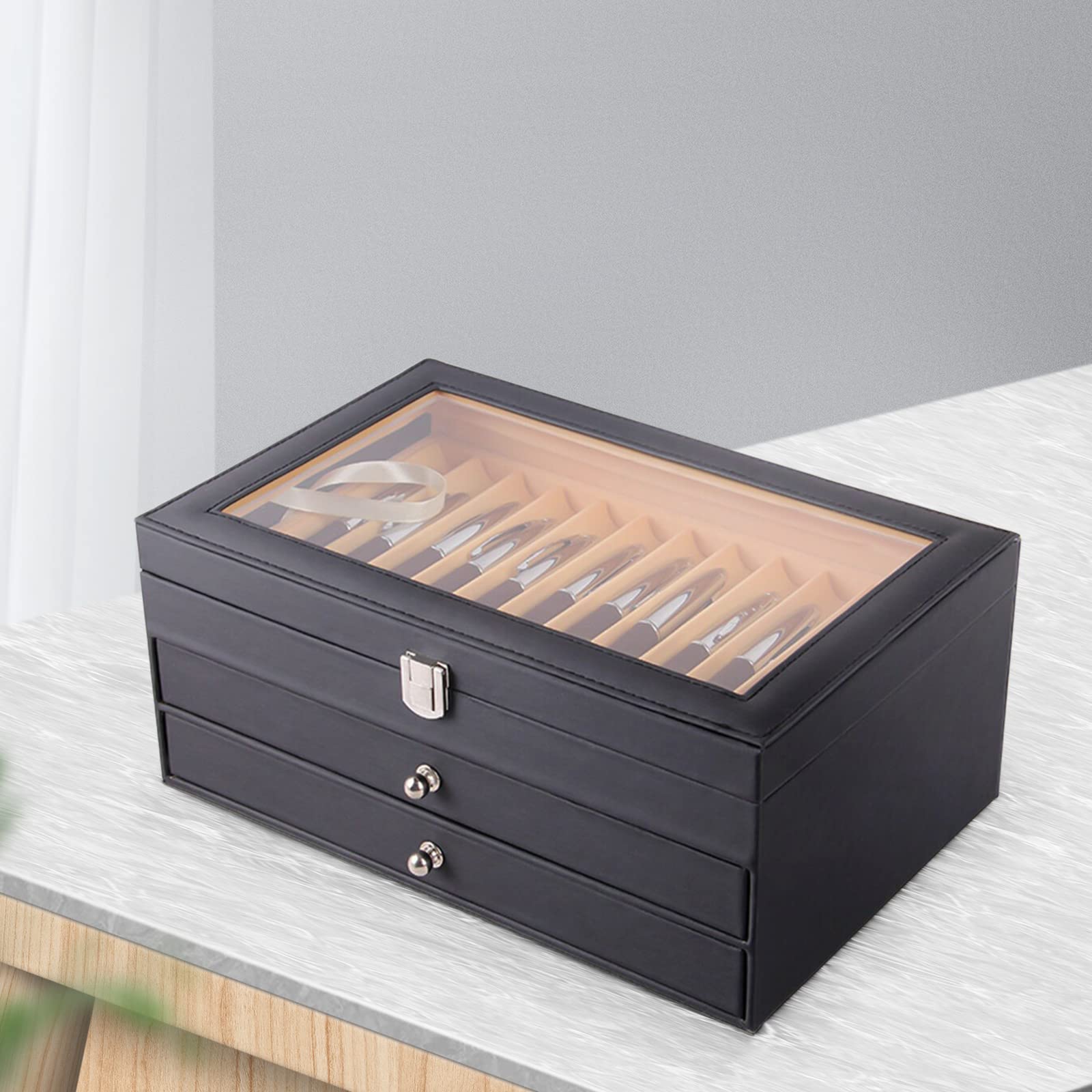 Caja expositora para pluma estilográfica, caja de presentación de cuero, organizador de almacenamiento, caja de almacenamiento, caja de madera, organizador (36 ranuras, negro)