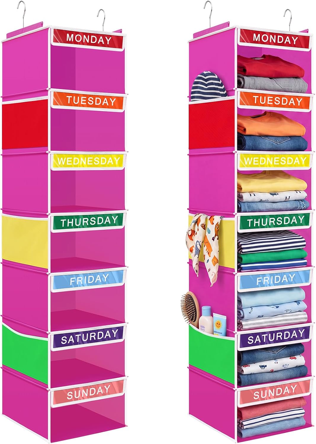 Amylove 2 Pcs 7 Shelf Weekly Clothes Organizer for Kids Hanging Closet Organizer 11. 8 x 11. 8 x 50 Inch Daily Activity Kids Clothes Storage Drawers Cube Drawers Closet Hanging Shelves(Rose Pink)