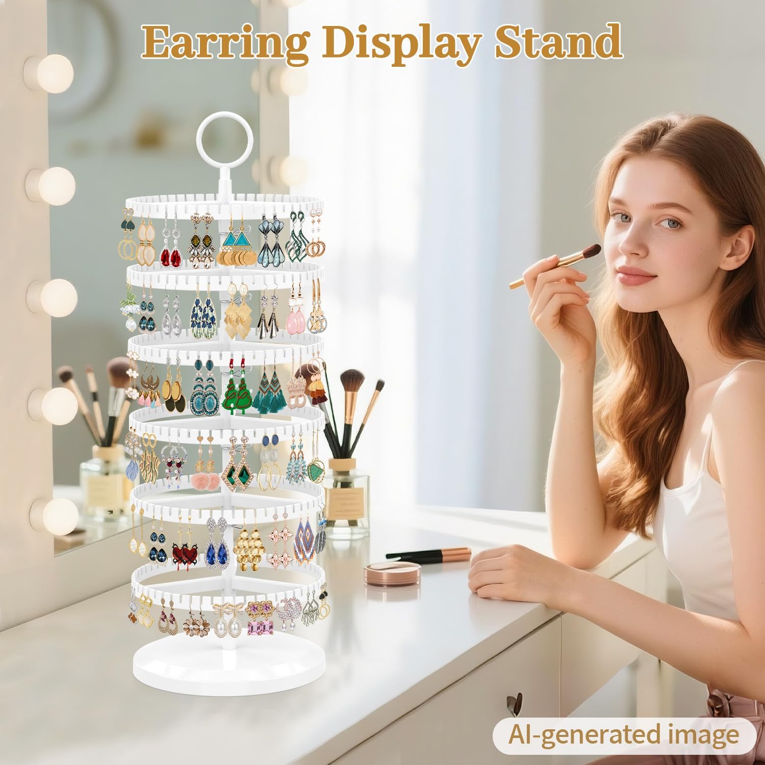 MODOWEY Rotating Earring Holder Organizer Adjustable Display, 6 Tiers White image 2