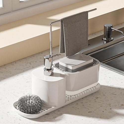 Juego de dispensador de jabón de cocina con soporte, dispensadores de jabón para platos para fregadero de cocina, organizador 5 en 1 para
