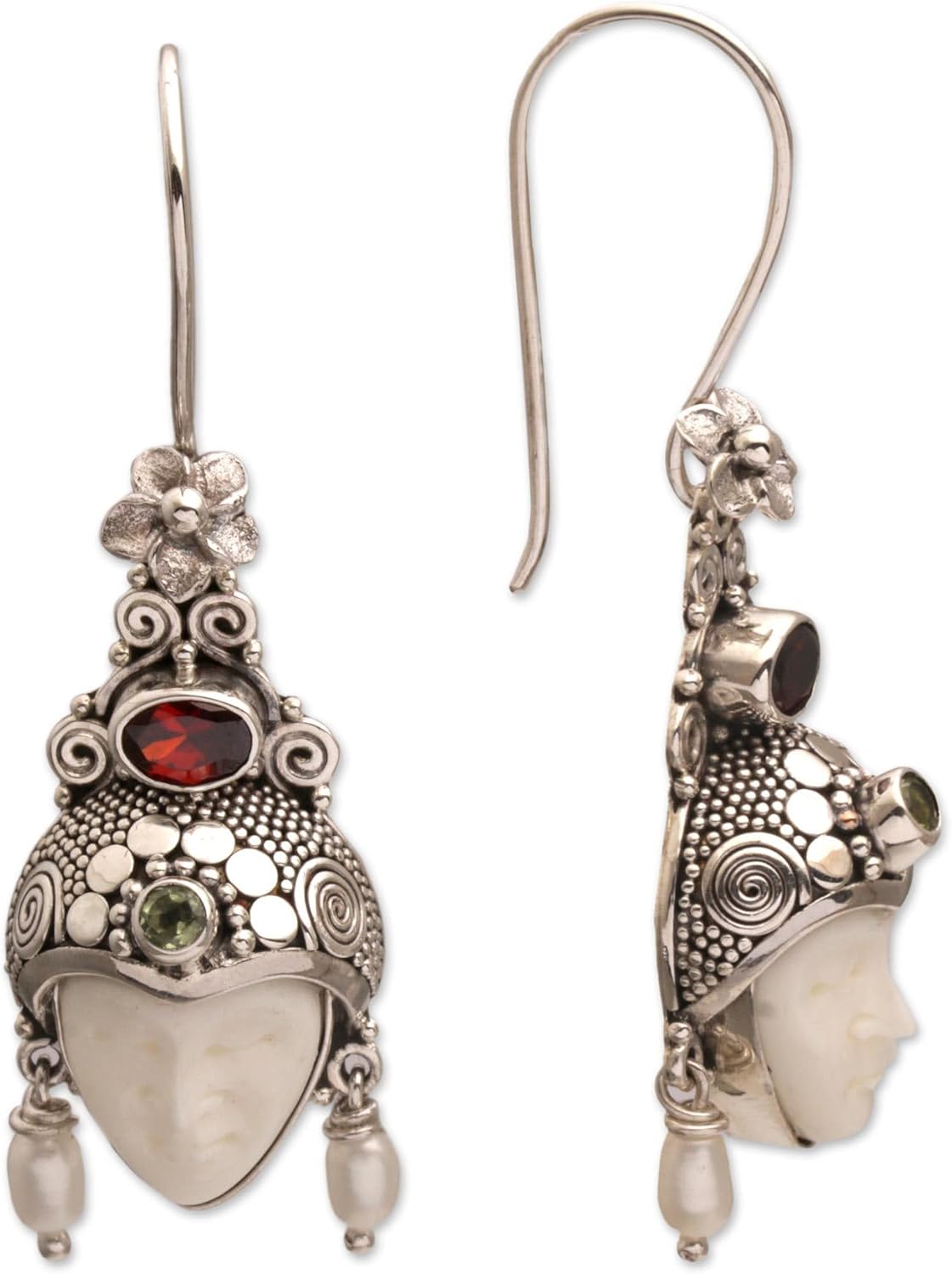NOVICA Artisan Handmade Multigemstone Dangle Earrings Faceshaped from Bali Sterling Silver Bone Garnet Peridot Pearl Freshwater Cultured White Indonesia Floral Birthstone [2.1 in H x 0.7 in W x 0.4 I]