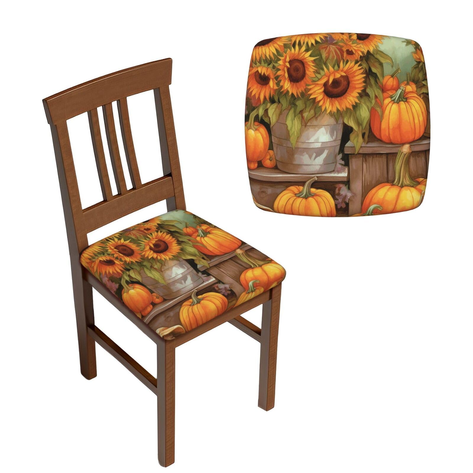 FodPand 4PCS Dining Chair Covers for Dining Room Autumn Sunflowers Pumpkins Chair Seat Cover Stretch Parsons Chair Slipcover Removable Washable Seat Cushion Slipcovers Cover for Kitchen Office